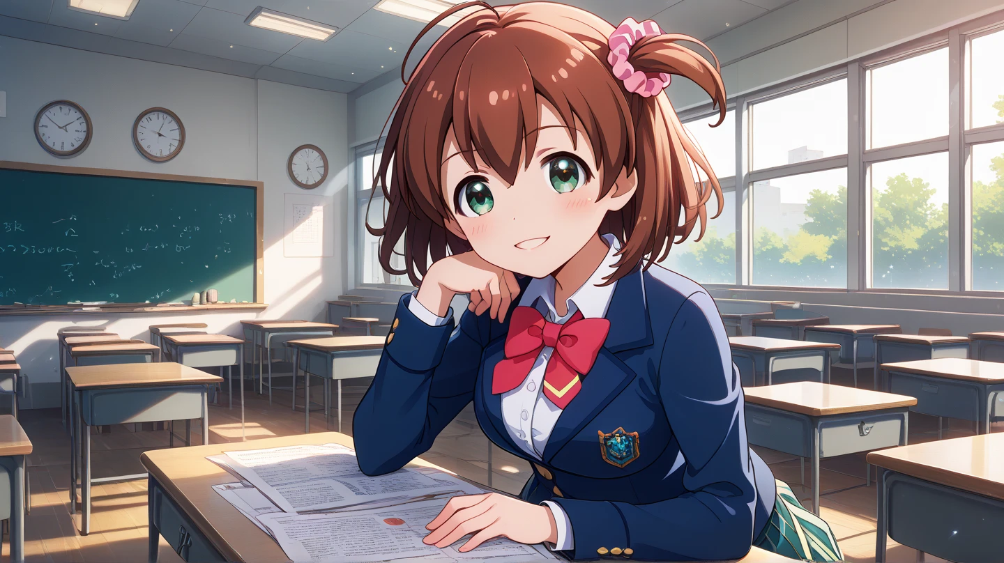 (masterpiece, best quality), highly detailed background, perfect lighting, best quality, batogamiki, solo, looking at viewer, smile, brown hair, one side up, hair scrunchie, red scrunchie, ahoge, hair between eyes, bangs, short hair, green eyes, medium breasts, blue jacket, blazer, red bowtie, white shirt, long sleeves, green skirt, plaid skirt, school uniform, sitting, on chair, school desk, indoors, classroom