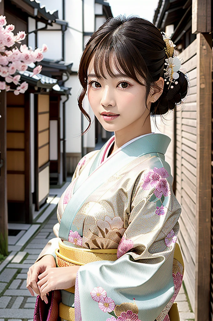 A beautiful Japanese woman wearing a pink floral kimono. Her hair is elegantly tied up with floral ornaments, and her bangs are down. She stands in a narrow alley in Kyoto during daytime, surrounded by a festive New Year atmosphere. The kimono features intricate floral patterns, and she has delicate features with brown eyes and brown hair. Her expression is serene and graceful.

one girl, (beautiful girl, delicate girl:1.3), (elegant appearance:1.3), break, (spring clothes:1.3), break, very fine eyes, (symmetrical eyes:1.3), break, perfectly shaped and anthropomorphically correct fingers, break, small breasts, brown eyes, (((shortcut))), straight bangs, brown hair, break, (eye and face details:1.0), break, (masterpiece, highest quality, super detailed), detailed face, 8k, kimono, intricate patterns, floral design.