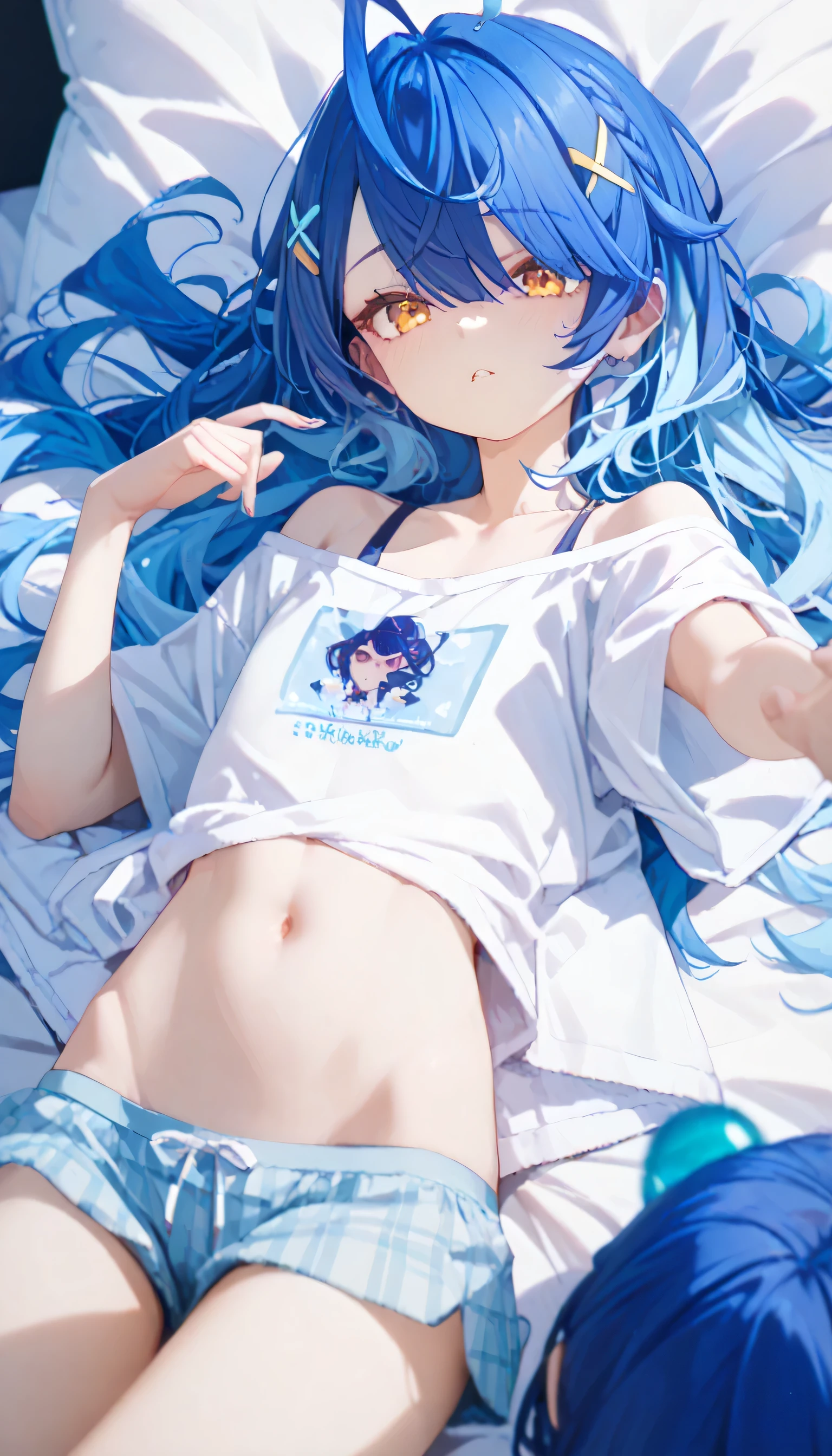 ""Oversized white shirt"", amamiya kokoro , Nijisanji, wariza, flat chest, skinny body, reaching two hands, lying on back, blue hair