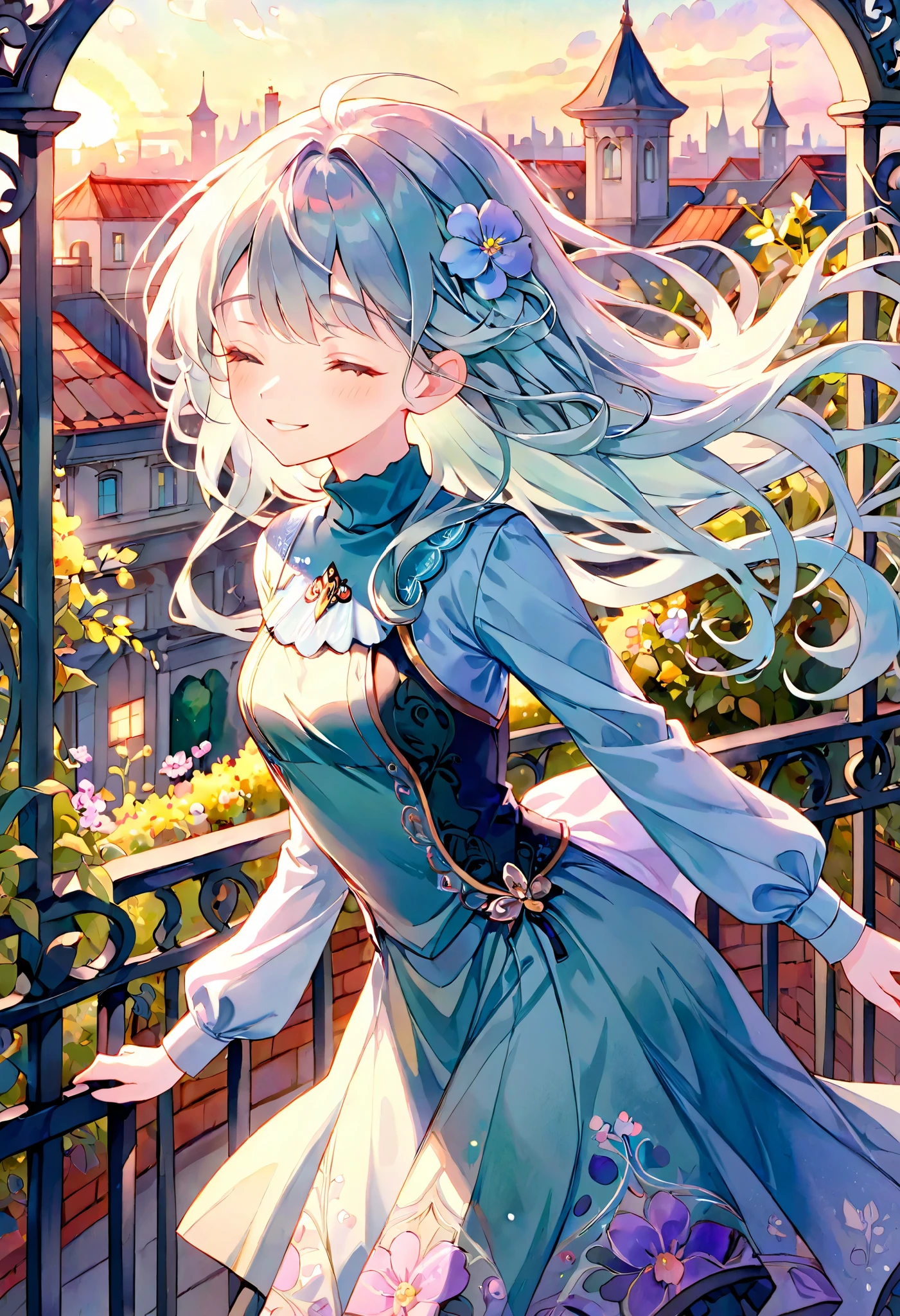 1girl,expression\(seductive smile,half-closed eyes,confident\),trk, elegant posture, long-sleeved dress, high collar, intricate floral patterns, flowing hair, background\(rooftop garden, wrought iron fence, soft pastel lighting, blooming flowers, delicate shadows\), Art Nouveau style, watercolor style, best quality,