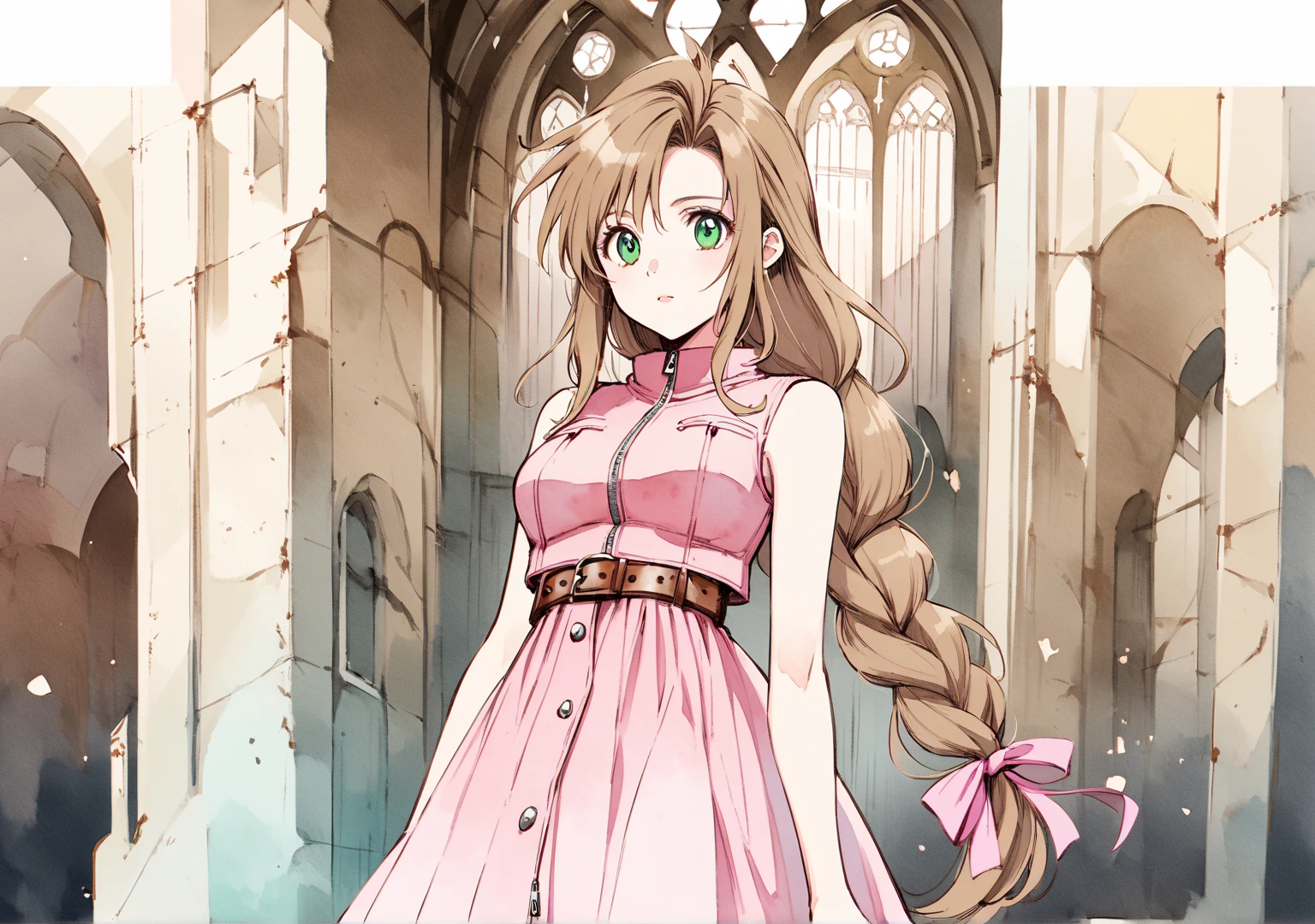 Aerith character from Final Fantasy 7 ,chicha anime,high,pretty,detallada,beautiful,light skin,  emerald green eyes and long light brown hair styled in a braid tied by a large pink ribbon at the beginning, with split bangs and curls on both sides of her face . wearing a pink-length dress that buttoned up the front and a red bolero jacket with zip , with zipper pockets and leather belts , In an abandoned church,Watercolor style, concept art, Character design 