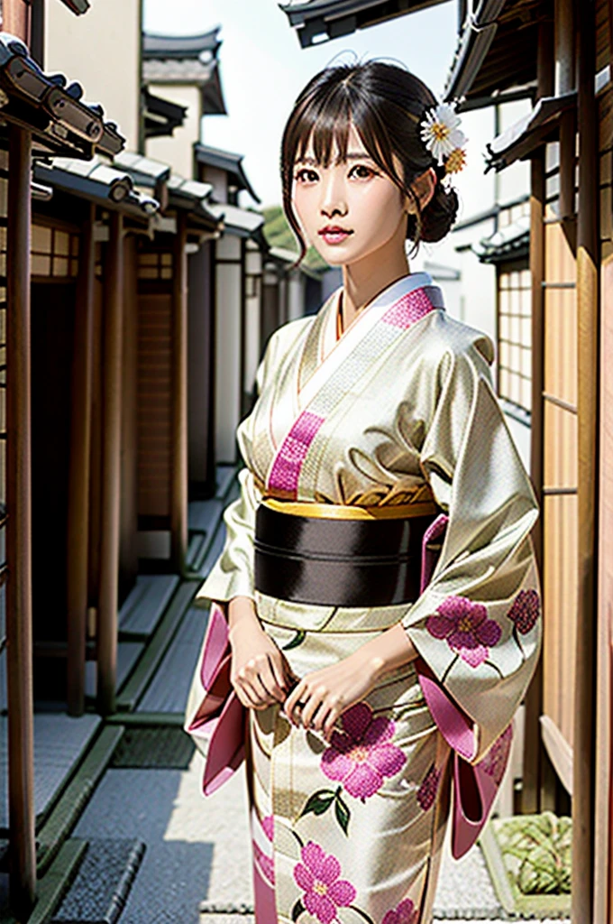 A beautiful Japanese woman wearing a pink floral  kimono. Her hair is elegantly tied up with floral ornaments, and her bangs are down. She stands in a narrow alley in Kyoto during daytime, surrounded by a festive New Year atmosphere. The  kimono features intricate floral patterns, and she has delicate features with brown eyes and brown hair. Her expression is serene and graceful.

one girl, (beautiful girl, delicate girl:1.3), (elegant appearance:1.3), break, (spring clothes:1.3), break, very fine eyes, (symmetrical eyes:1.3), break, perfectly shaped and anthropomorphically correct fingers, break, small breasts, brown eyes, (((shortcut))), straight bangs, brown hair, break, (eye and face details:1.0), break, (masterpiece, highest quality, super detailed), detailed face, 8k,  kimono, intricate patterns, floral design. high res, masterpiece, accurate,  anatomically correct ,  won lots of awards ,  top quality ,  high detail,  retina,  very detailed, 