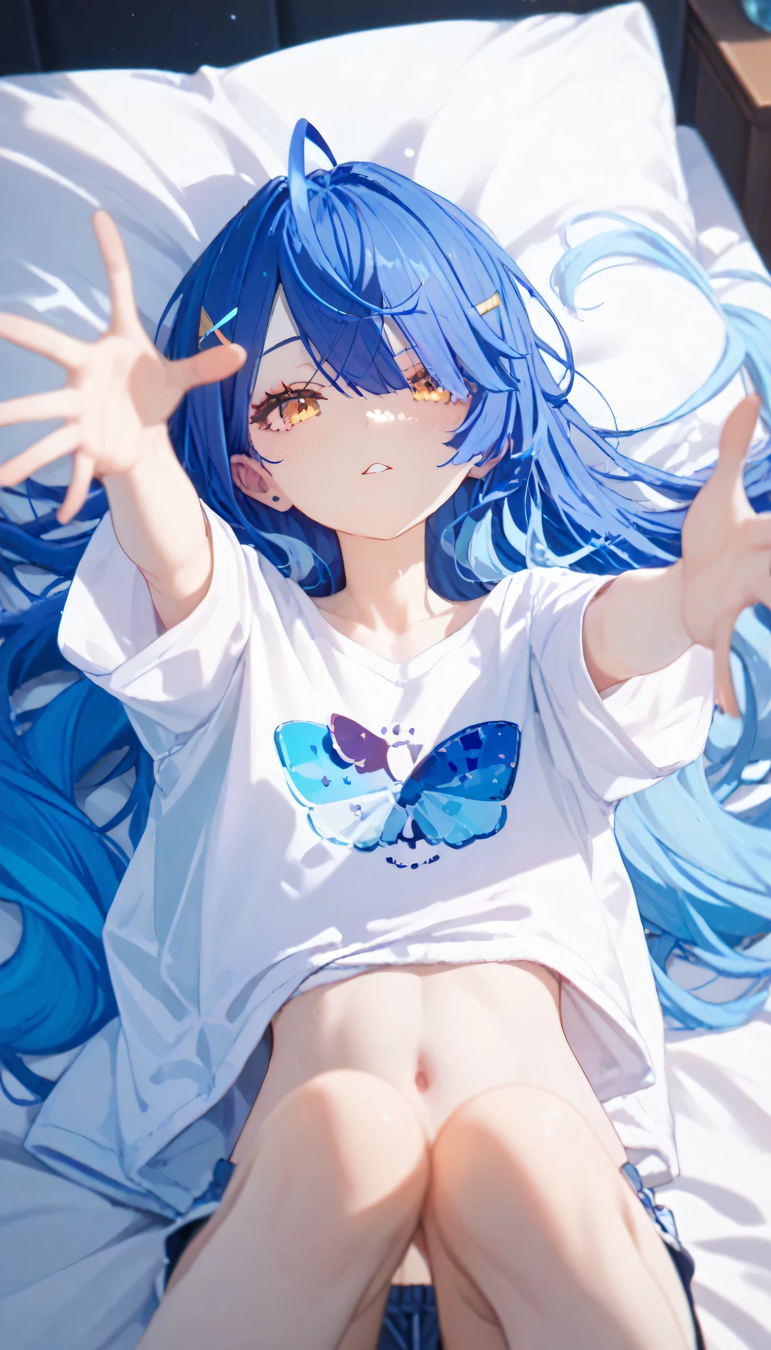 ""Oversized white shirt"", amamiya kokoro , Nijisanji, wariza, flat chest, skinny body, reaching two hands, lying on back, blue hair