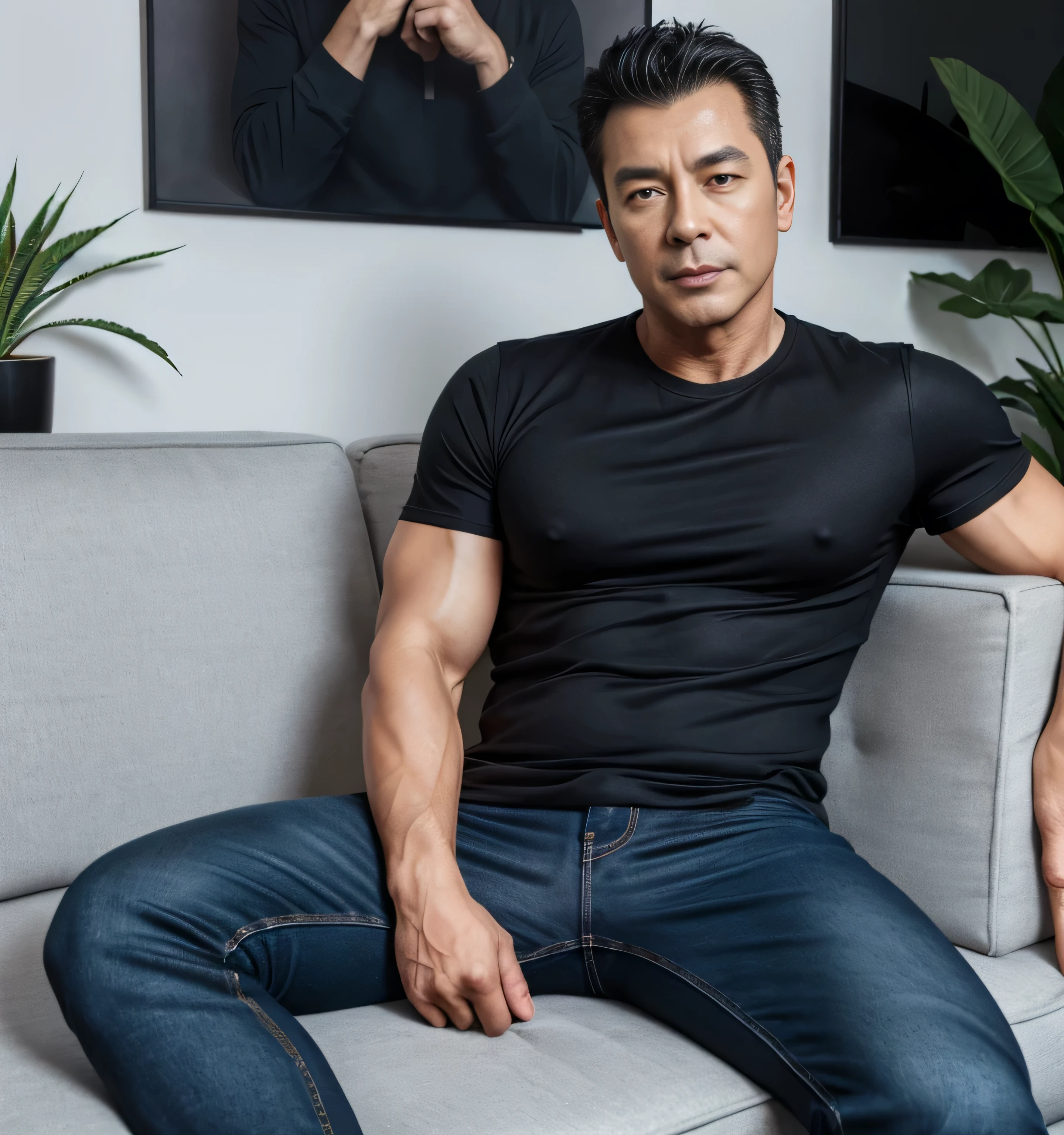40 years old,Hidetoshi Nakata,(Kogoro Mori 1.3),whole body,Lean,muscle,office,grey socks,Suit,Feet raised,sofa,Baldhead ,transparent,Thick body hair,underwear,Topless,Densely hairy,Fortitude,HD,With a mustache