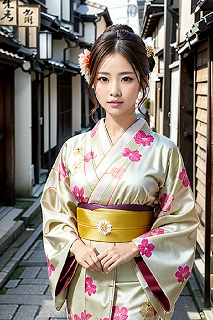 A beautiful Japanese woman wearing a pink floral  kimono. Her hair is elegantly tied up with floral ornaments, and her bangs are down. She stands in a narrow alley in Kyoto during daytime, surrounded by a festive New Year atmosphere. The  kimono features intricate floral patterns, and she has delicate features with brown eyes and brown hair. Her expression is serene and graceful.

one girl, (beautiful girl, delicate girl:1.3), (elegant appearance:1.3), break, (spring clothes:1.3), break, very fine eyes, (symmetrical eyes:1.3), break, perfectly shaped and anthropomorphically correct fingers, break, small breasts, brown eyes, (((shortcut))), straight bangs, brown hair, break, (eye and face details:1.0), break, (masterpiece, highest quality, super detailed), detailed face, 8k,  kimono, intricate patterns, floral design. high res, masterpiece, accurate,  anatomically correct ,  won lots of awards ,  top quality ,  high detail,  retina,  very detailed, 