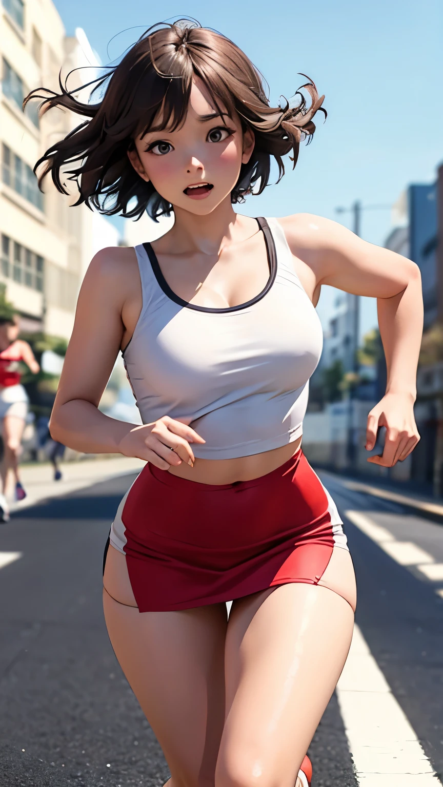 (Ultimate shy expression: 1.3), attractive woman, white camisole, red tight mini skirt that accentuates her body line, (running at full speed), watercolor background, photo book model