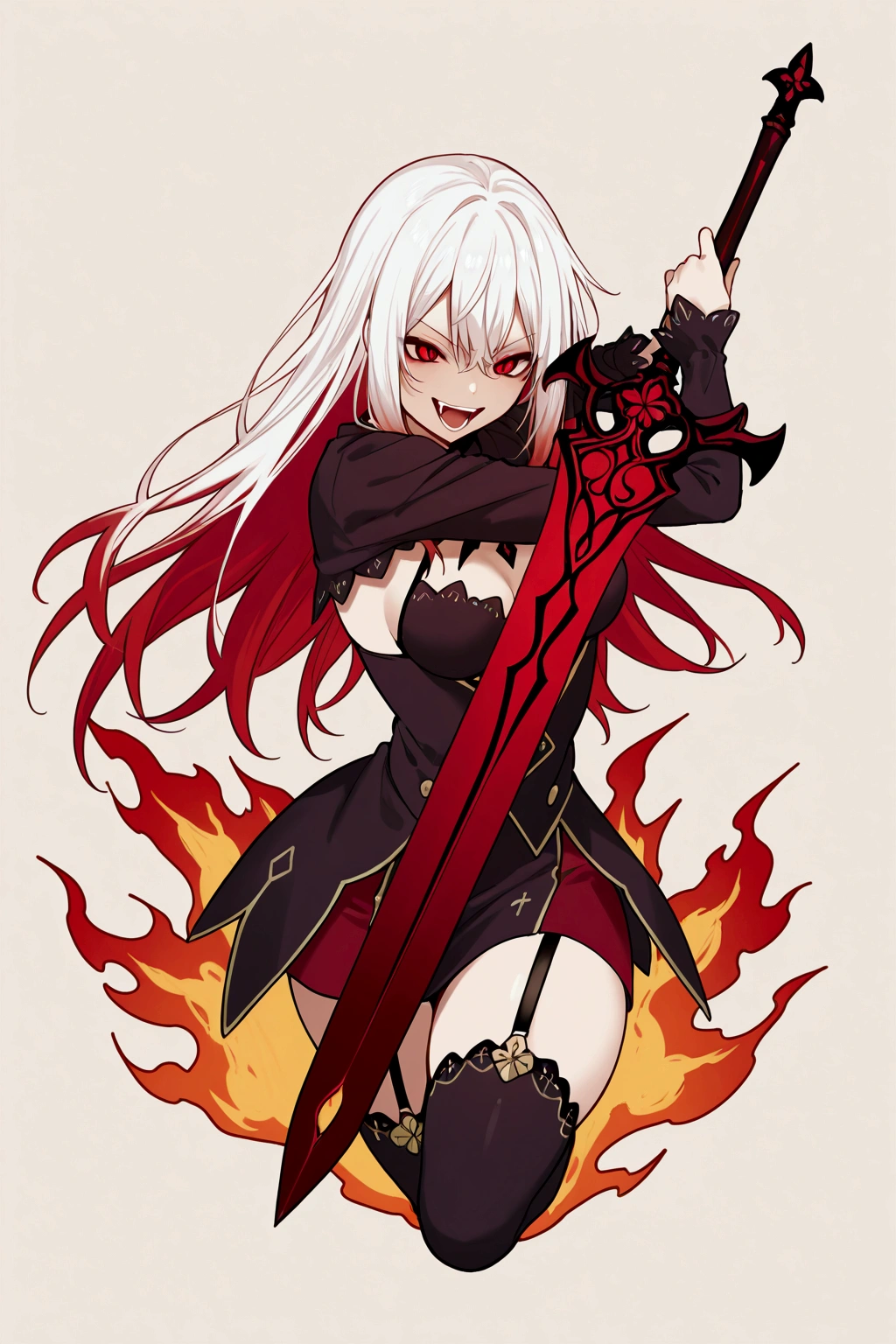 alone, girl, venena coenubia from toram online, long white hair with red tips, tall, medium breasts, evil eyes, evil smile, open mouth, teeth, small fangs, venena coenubia Outfit blue and red details, long sword on fire, sea of ​​flames in the ground, dynamic fighting pose, perspective, simple background, movement,  simple background,,perfect scene , Masterpiece, score 9, anime colors, AMERICAN SHOT, beautiful, composition, HARMONY, high quality. Dinámica pose, 