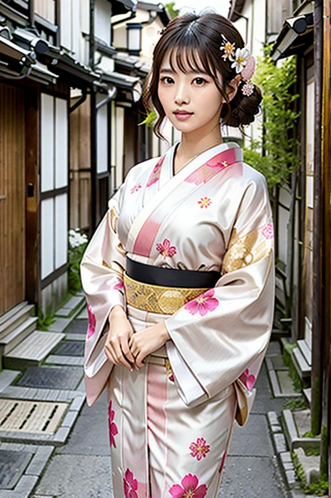 A beautiful Japanese woman wearing a pink floral  kimono. Her hair is elegantly tied up with floral ornaments, and her bangs are down. She stands in a narrow alley in Kyoto during daytime, surrounded by a festive New Year atmosphere. The  kimono features intricate floral patterns, and she has delicate features with brown eyes and brown hair. Her expression is serene and graceful.

one girl, (beautiful girl, delicate girl:1.3), (elegant appearance:1.3), break, (spring clothes:1.3), break, very fine eyes, (symmetrical eyes:1.3), break, perfectly shaped and anthropomorphically correct fingers, break, small breasts, brown eyes, (((shortcut))), straight bangs, brown hair, break, (eye and face details:1.0), break, (masterpiece, highest quality, super detailed), detailed face, 8k,  kimono, intricate patterns, floral design. 