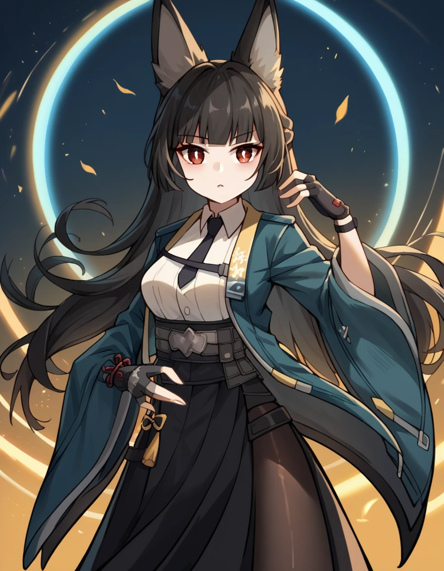 perfect eyes, miyabihoshimi, miyabi hoshimi,animal ear fluff, animal ears, black hair, bright pupils, fox ears, fox girl, half updo, long hair, red eyes, sidelocks, white pupils, asymmetrical gloves, black gloves, black necktie, black skirt, blue jacket, collared shirt, fingerless gloves, gloves, high-waist skirt, jacket, long skirt, necktie, shirt, side slit, single fingerless glove, skirt, white shirt, wide sleeves, side battle pose, epic