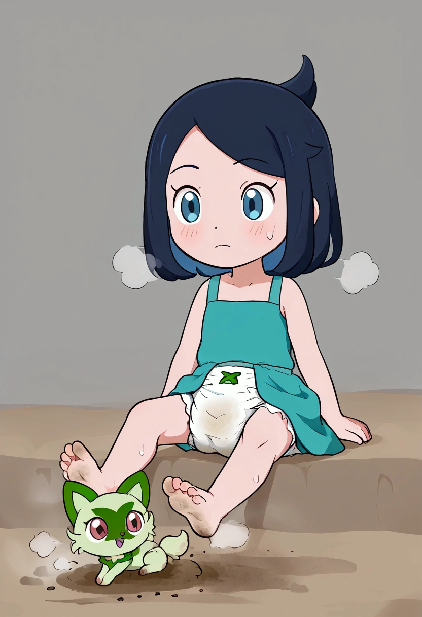 masterpiece, best quality, highres, liko as a toddler, girl sitting, wet diaper, very cute, adorable, curious, barefoot sole, foot focus, dirt, smelly, stinky, steamy, sweaty