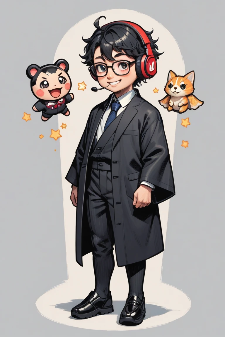 High resolution, detailed, Japanese boy wearing black suit and Japanese girl wearing black Japanese-kimono, one person, black wavy hair, semi-short hair, wearing glasses, Front facing, gaming headset, full body image, icon, smiling, chibi, kawaii, They are in the PC room