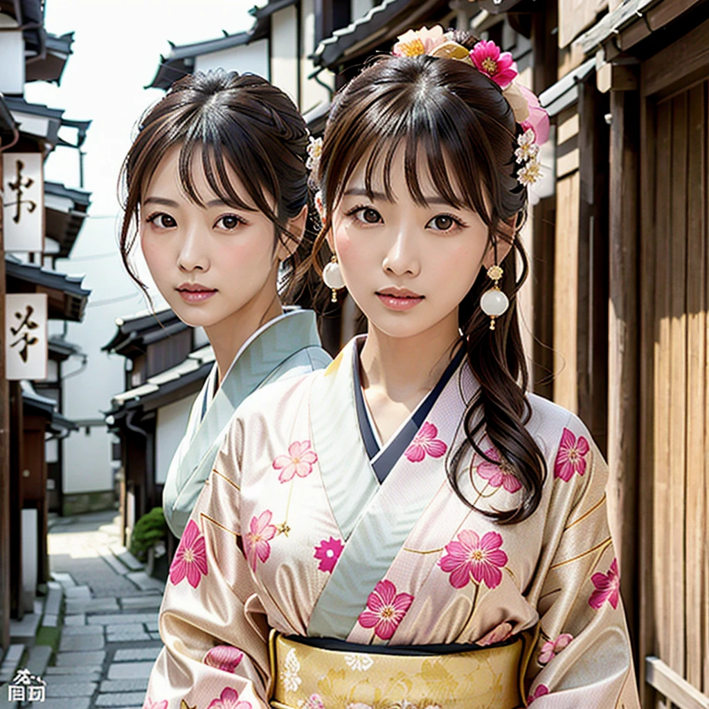 A beautiful Japanese woman wearing a pink floral  kimono. Her hair is elegantly tied up with floral ornaments, and her bangs are down. She stands in a narrow alley in Kyoto during daytime, surrounded by a festive New Year atmosphere. The  kimono features intricate floral patterns, and she has delicate features with brown eyes and brown hair. Her expression is serene and graceful.

one girl, (beautiful girl, delicate girl:1.3), (elegant appearance:1.3), break, (spring clothes:1.3), break, very fine eyes, (symmetrical eyes:1.3), break, perfectly shaped and anthropomorphically correct fingers, break, small breasts, brown eyes, (((shortcut))), straight bangs, brown hair, break, (eye and face details:1.0), break, (masterpiece, highest quality, super detailed), detailed face, 8k,  kimono, intricate patterns, floral design. 