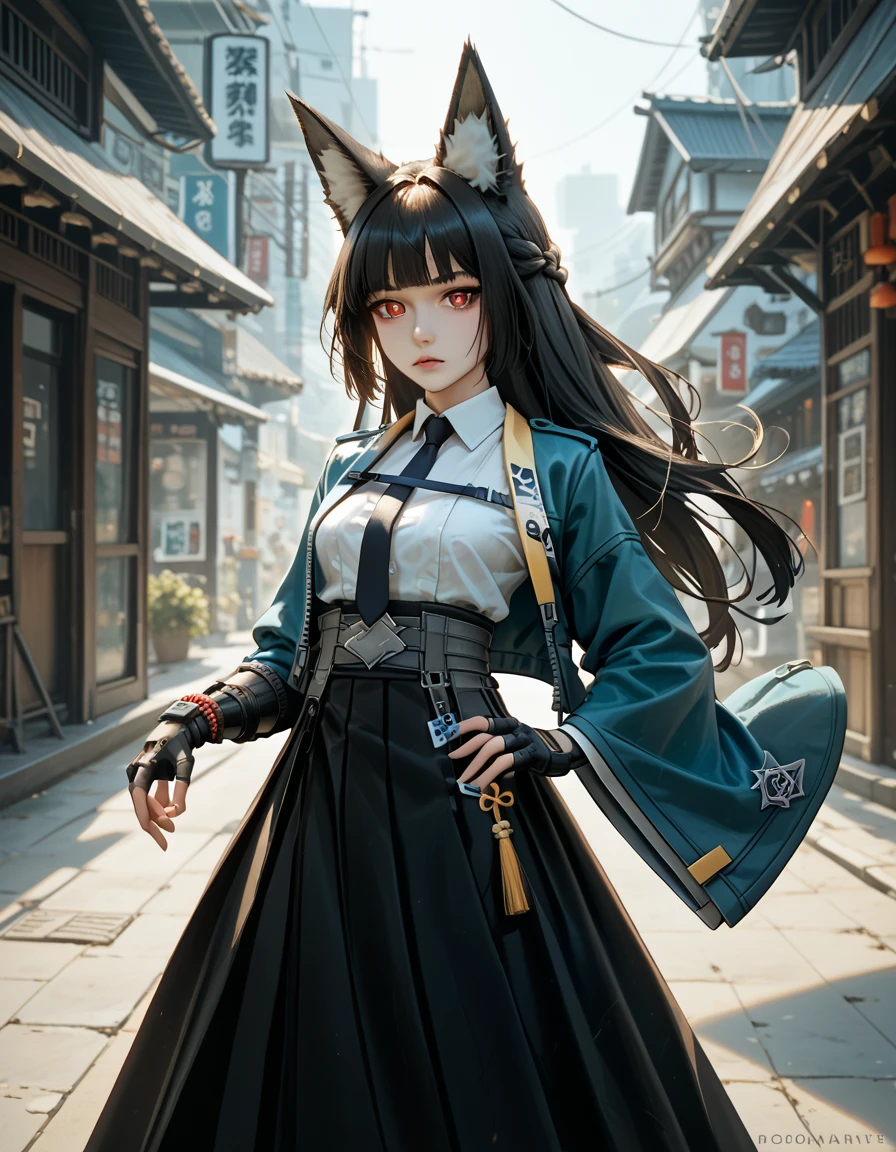 perfect eyes, miyabihoshimi, miyabi hoshimi,animal ear fluff, animal ears, black hair, bright pupils, fox ears, fox girl, half updo, long hair, red eyes, sidelocks, white pupils, asymmetrical gloves, black gloves, black necktie, black skirt, blue jacket, collared shirt, fingerless gloves, gloves, high-waist skirt, jacket, long skirt, necktie, shirt, side slit, single fingerless glove, skirt, white shirt, wide sleeves, side battle pose, epic