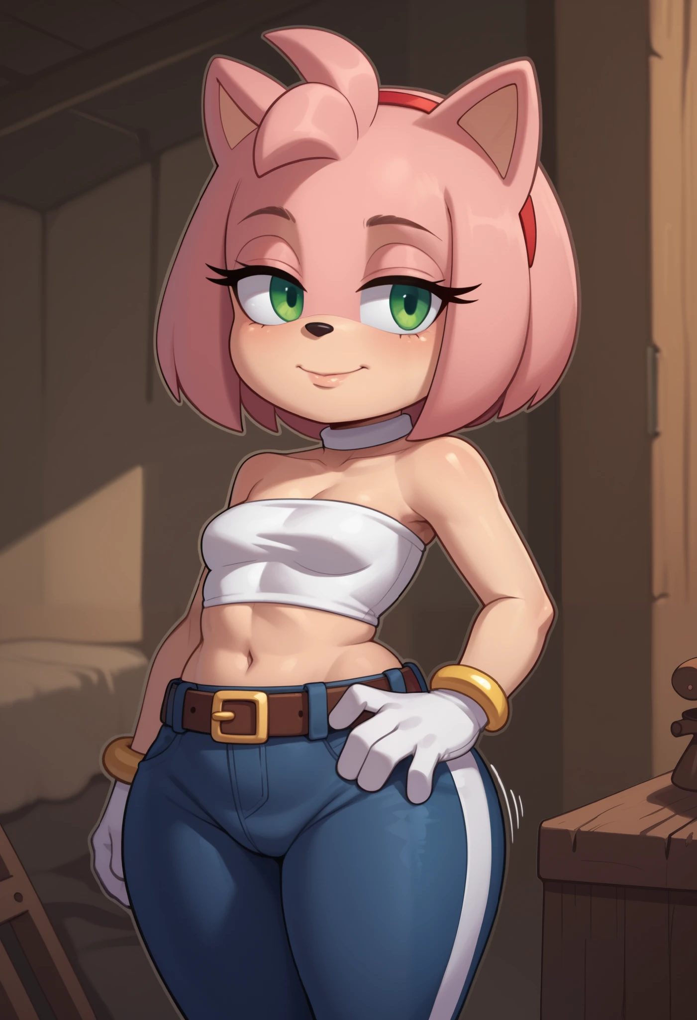 score_9, score_8_up, score_7_up, rating_explicit, source_cartoon, white outline, bold outline, simple background, evnstnly, 1 girl, furry female, amy rose, two-tone skin, cute, (shortstack:1.3), white gloves, gold bracelet, tube top, small breasts, huge hips, plump, chibi, hand on hip, motion lines, half closed eyes, head tilt, from side.| choker. gloves, navel,midriff, belt, pants, crop top, turtleneck, room, room background, cowboy shot. forest. tent
