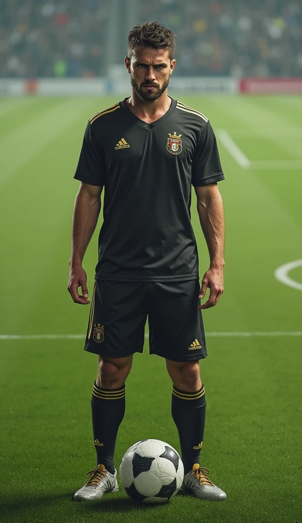 Uniforme de equipo de futbol, metallic gold shirt with white lines on the sides, metallic gold shorts with white lines on the sides, metallic gold socks with white lines on the sides, photo shoot studio background 