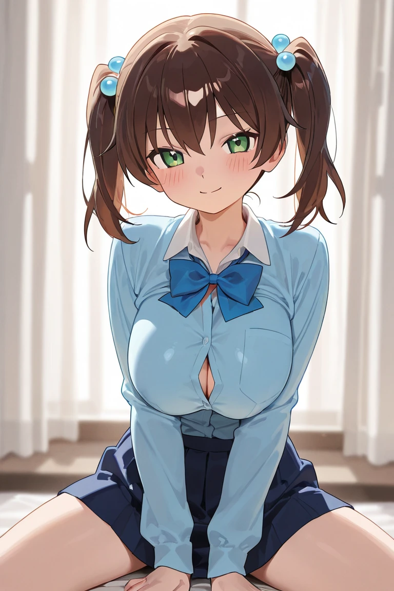 Cute girl, naughty smile, brown hair, light blue T-shirt, panties, big breasts, ribbon, ribbon, bow, 🎀