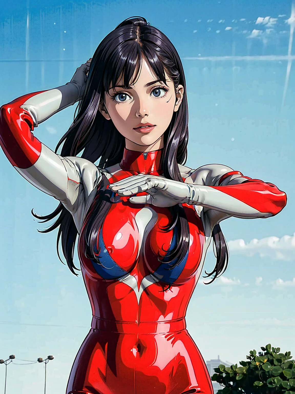 An ultra-detailed 8k manga illustration of an alluring young girl. Her figure is accentuated by the sleek, flawless, porcelain-like skin, ((150 feet height)). She dressed in Ultragirl suit, half-removed that revealing her shoulders, Her breasts, nipple, could be seen through lifted her dress up. The suit clings to her curves, its vibrant silver and red design catching the light in intricate detail. Her bare chest is subtly visible beneath the lifted fabric. Her eyes are heavy-lidded, brimming with intensity and purpose, Her lips may part slightly, moist and inviting, soft smile plays across her face. Her pose is relaxed yet intentional, capturing the intimate moment as she begins to shed her heroic armor, blending the iconic Ultraman aesthetic with an irresistible, human sensuality. cinematic, dramatic lighting, volumetric fog, cinematic camera angle, intricate details, sparks and debris, city skyline in background, (best quality,4k,8k,highres,masterpiece:1.2),ultra-detailed,(realistic,photorealistic,photo-realistic:1.37)