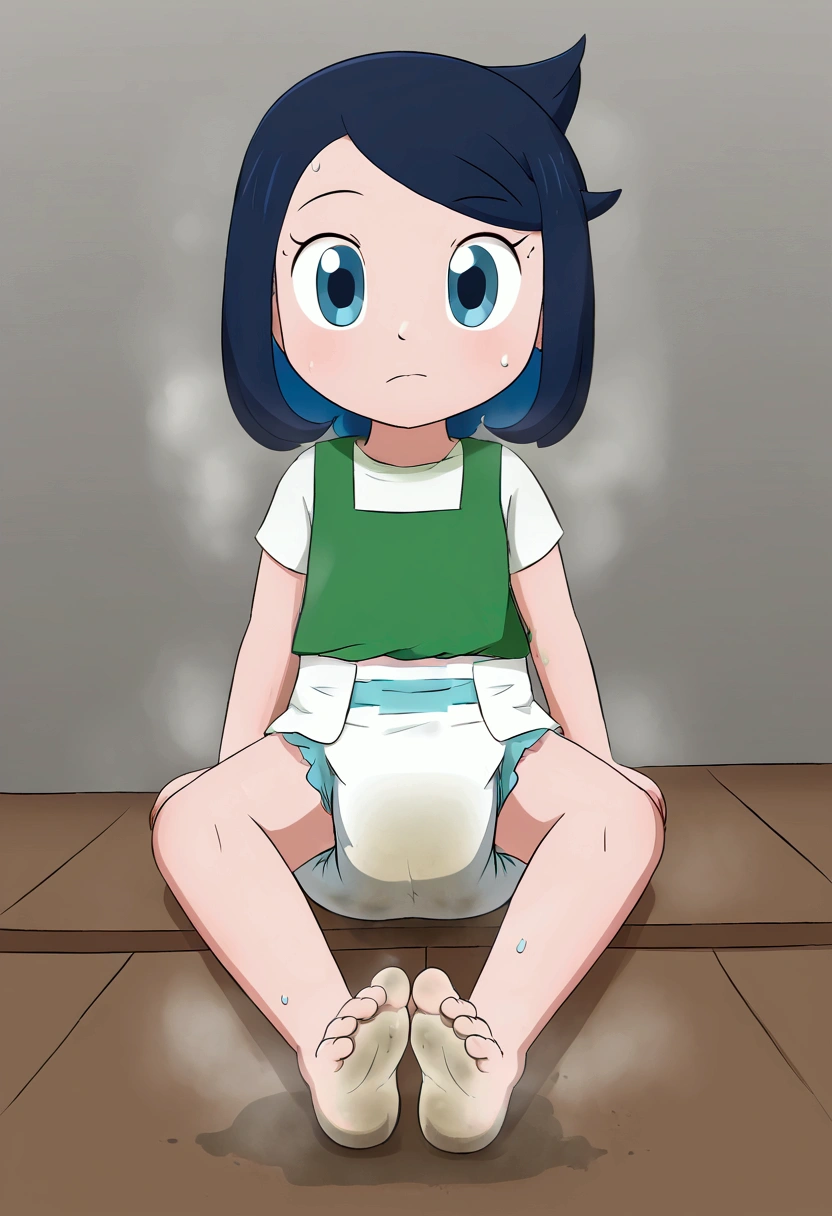 masterpiece, best quality, highres, liko as a ddler, girl sitting, wet diaper, very cute, adorable, curious, barefoot sole, foot focus, dirt, smelly, stinky, steamy, sweaty