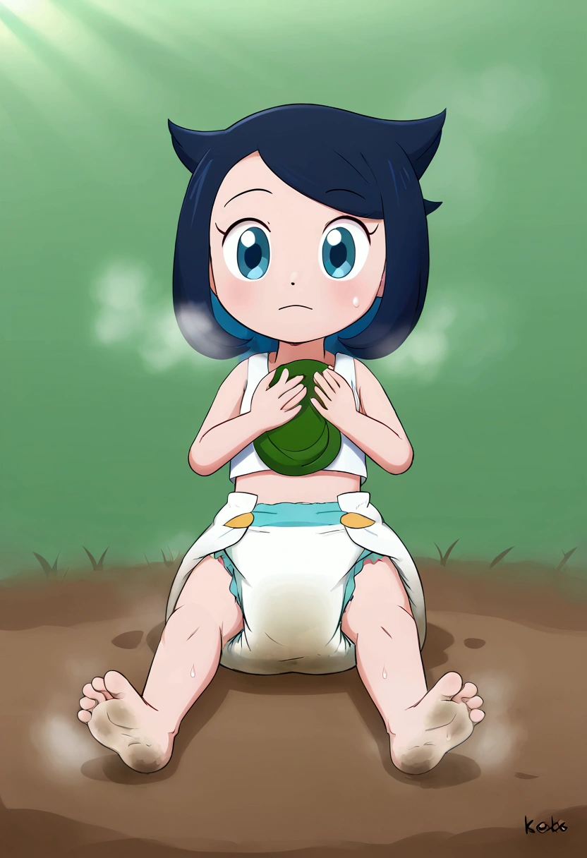 masterpiece, best quality, highres, liko as a toddler, girl sitting, wet diaper, very cute, adorable, curious, barefoot sole, foot focus, dirt, smelly, stinky, steamy, sweaty