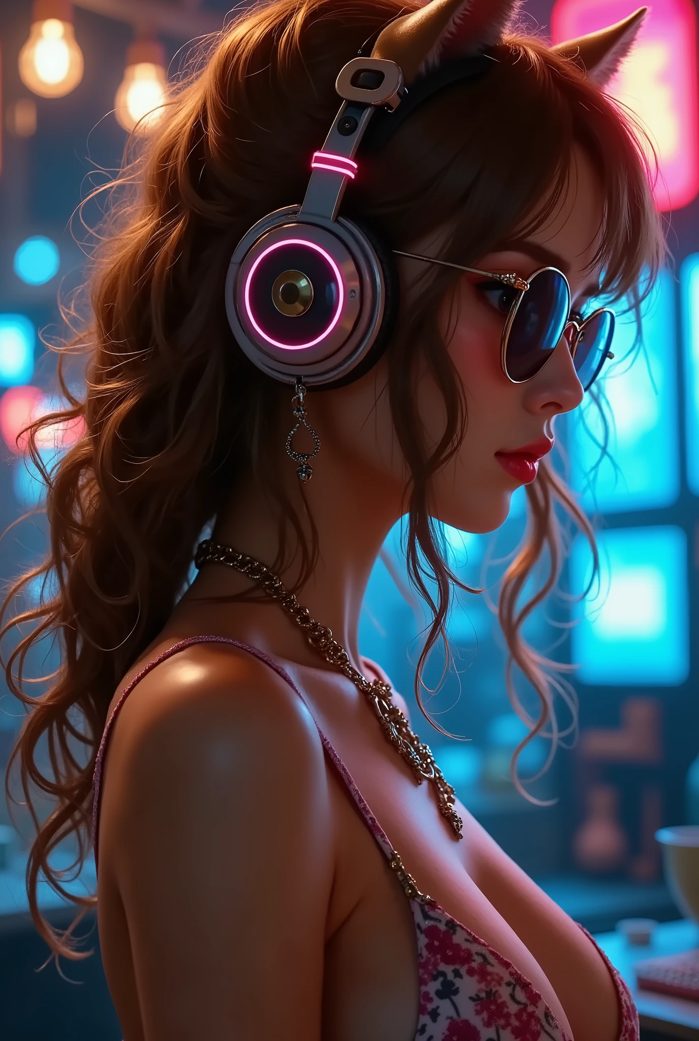 Brown Hair . beautiful woman wearing curly hair and sunglasses wearing large headphones, Cat-Eared Girl, wearing large headphones - earpiece or surround、 Backless Dress, (natural breasts:1.2), (Uplifted and well-defined bust:1.2), Room of Darkness 、Neon Cyberpunk at night 、 coordinator Neon Glow, (side shot, from her side, full body shot:1.7),