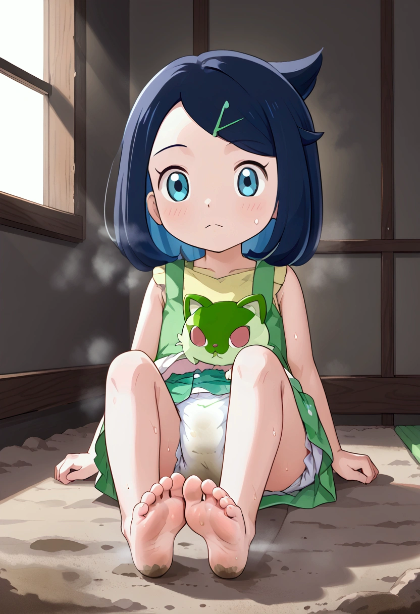 masterpiece, best quality, highres, liko as a toddler, girl sitting, wet diaper, very cute, adorable, curious, barefoot sole, foot focus, dirt, smelly, stinky, steamy, sweaty