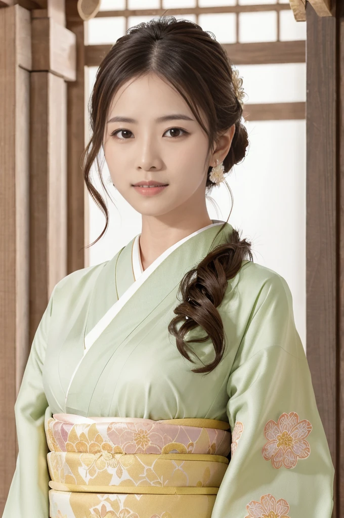 A beautiful Japanese girl wearing a pink floral  kimono. Her hair is elegantly tied up with floral ornaments, and her bangs are down. She stands in a narrow alley in Kyoto during daytime, surrounded by a festive New Year atmosphere. The  kimono features intricate floral patterns, and she has delicate features with brown eyes and brown hair. Her expression is serene and graceful.

one girl, (beautiful girl, delicate girl:1.3), (elegant appearance:1.3), break, (spring clothes:1.3), break, very fine eyes, (symmetrical eyes:1.3), break, perfectly shaped and anthropomorphically correct fingers, break, small breasts, brown eyes, (((shortcut))), straight bangs, brown hair, break, (eye and face details:1.0), break, (masterpiece, highest quality, super detailed), detailed face, 8k,  kimono, intricate patterns, floral design. 