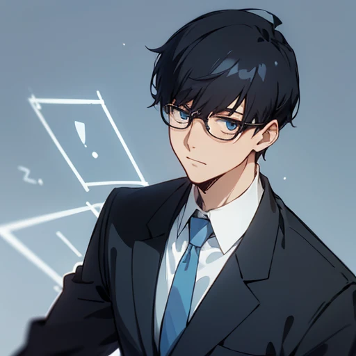 (  upper body ,   stares at viewers ), Front, 1 male, Age 35, teacher,  black hair, mash hair , Glasses,  black suit,  light blue tie,   white shirt,  math teacher, information teacher , school teacher, Sports Club, Scary feeling,  simple background ,  like a movie  ,    High Quality   