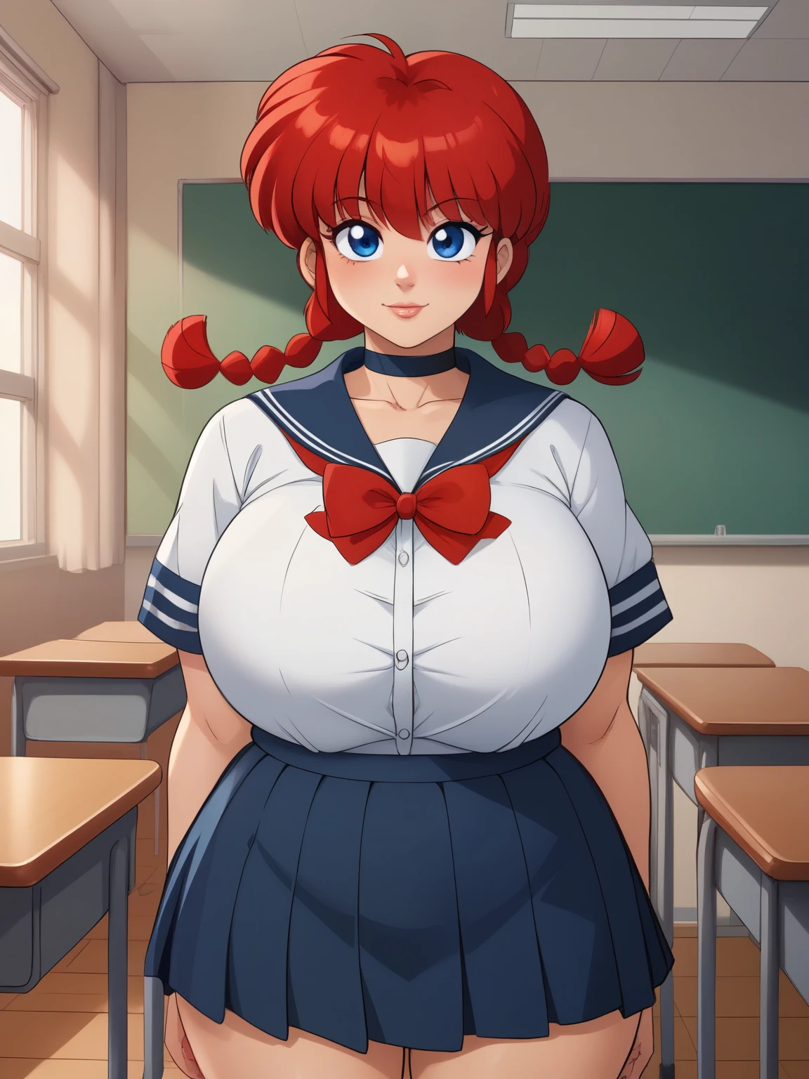 Ranma Saotome. red hair. blue eyes. pigtail. huge saggy breasts. hige hips. bbw. choker. school uniform. school class. desk. skirt.
