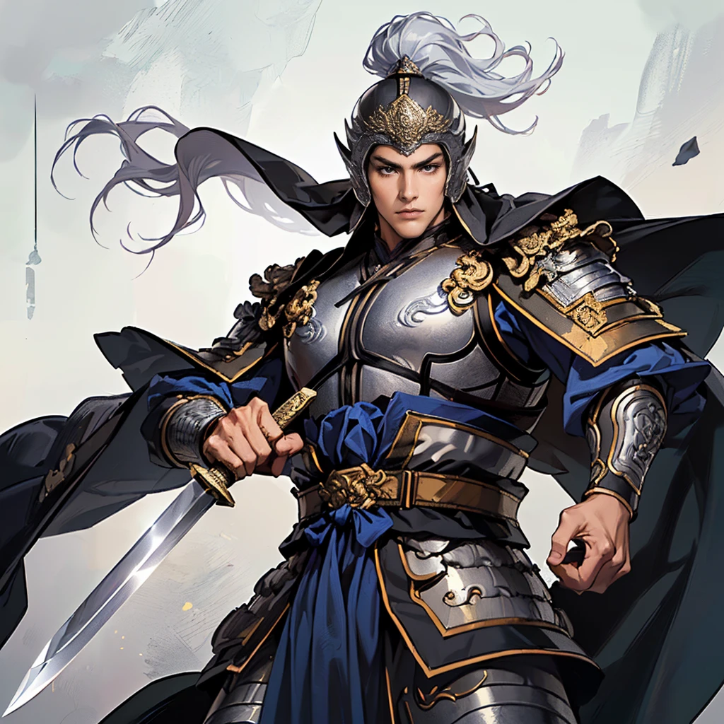 ( top quality ,4K,8k, high res,masterpiece:1.2),super detailed,(super fine illustration),((( A man in armor with a sword drawn in an anime-style illustration ))),20 years old,(handsome man:1.3),Heroes of the Three Kingdoms, Confident Expression ,((Long black hair and droopy bangs :1.3)), detailed eyes :1.2, perfect eyes,(( Attractive Dark Eyes )),( well-trained body, thin macho),cinematic lighting, soft shadows,((Silver armor with the ultimate dragon design down to detailed works of art:1.3, Deeply wearing an ancient Chinese silver helmet drawn in detail :1.3, A dark purple cloak with detailed gold embroidery drawn in detail:1.3,dynamic pause:1.3, holding an ancient Chinese sword drawn in detail :1.3)),(( cowboy shot:1.2)),(( white background:1.3,simple background:1.2)),(( standing:1.3, depicted so as not to be visible from the tip of her head to above her knee :1.3))