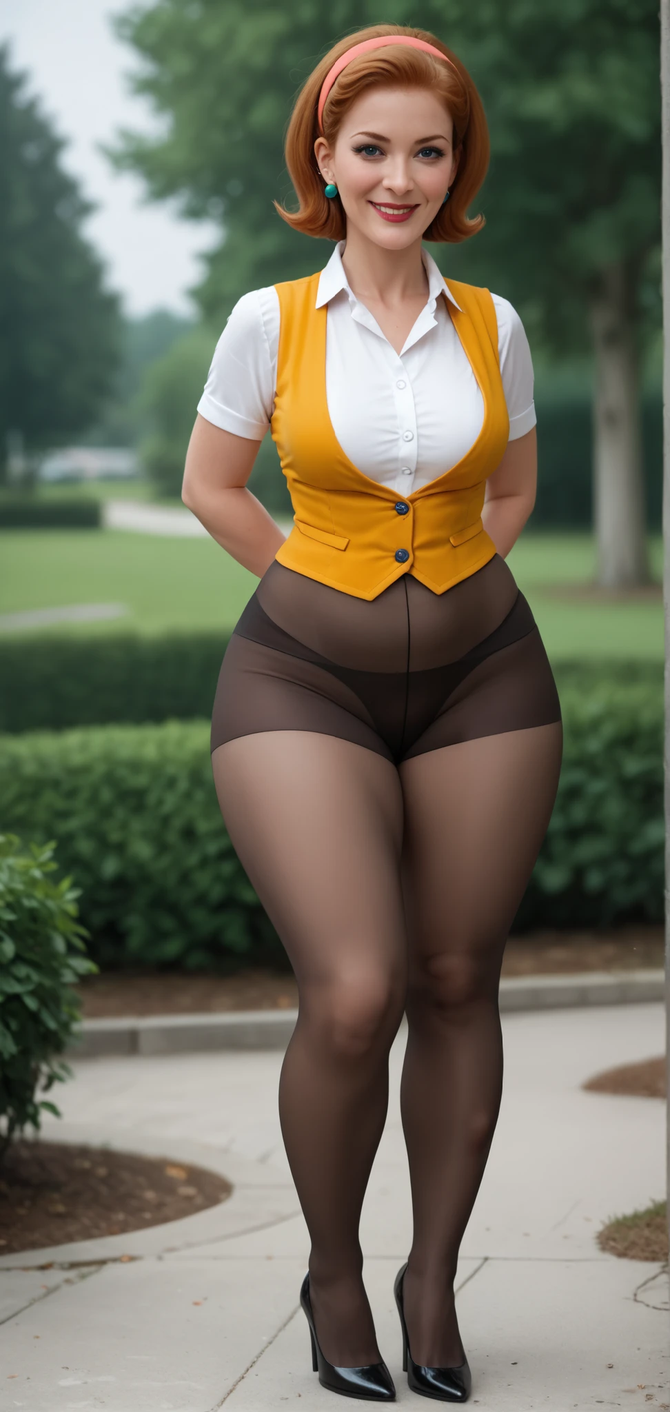 score_9, score_8_up, score_7_up, BREAK, 1girl, solo, breasts, mature female, lindaflynnfletcher, very wide hips, thick thighs, makeup, hairband, earrings, white shirt, collared shirt, vest, short sleeves, little miniskirt, pantyhose, strappy_heels, looking at viewer, smile,  depth of field, outdoors, full body, full_shot , RAW 