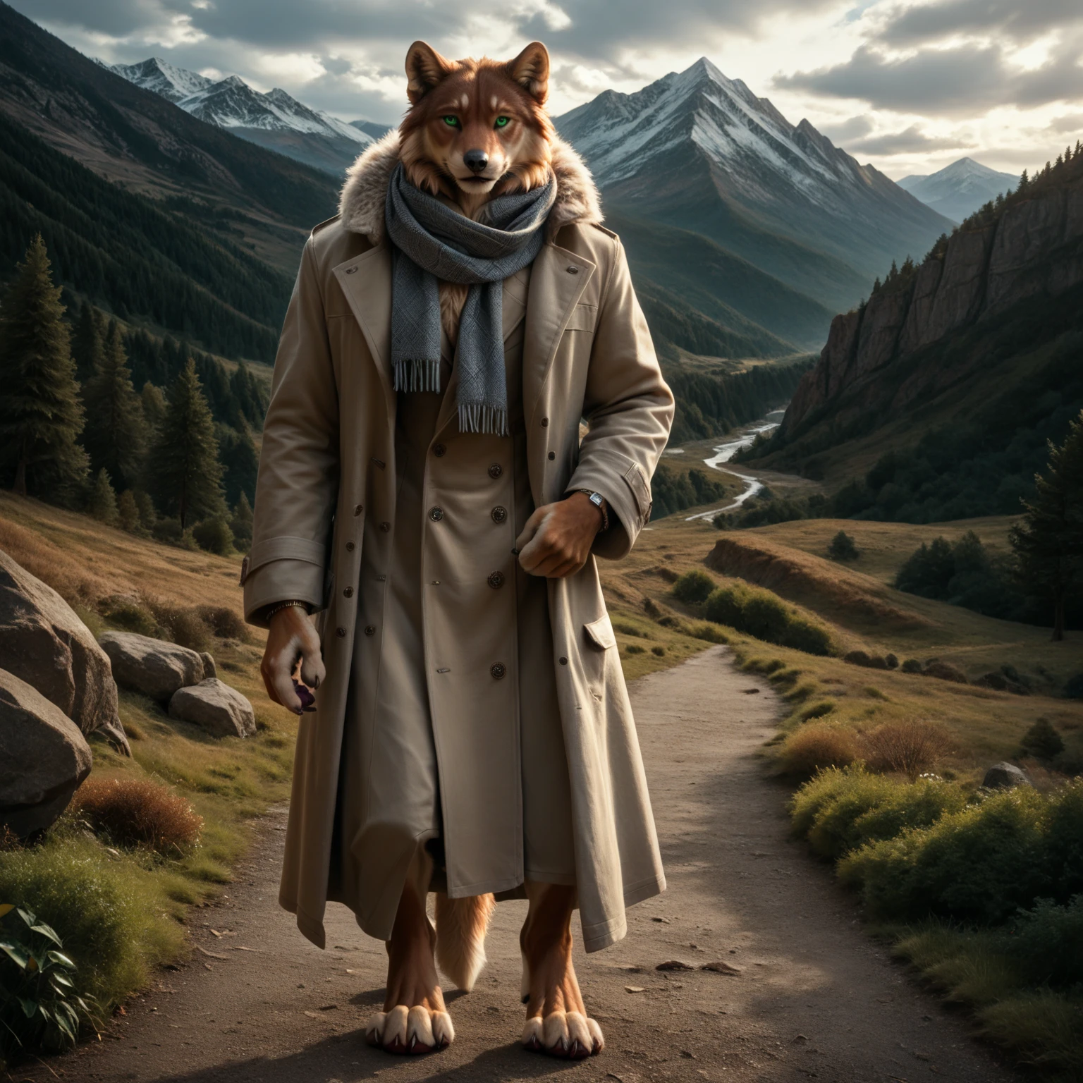 score_9, score_8_up, score_7_up, score_6_up, glutton, male, with mane, anthro, stands, Trench Coat and Scarf, human-like hands, (detailed background), nature, in the high mountains, fur, (solo), high quality, furred body, paws, handpaw, fluffy, silver bracelets on all legs, silver bracelets on the calf, with claws, silver collar with medallion, intense coat-pattern on the entire body, strong dark coat markings, (detailed eyes, green eyes), slightly muscled, highly detailed, realistic fur, beautiful, photorealism, photorealistic, dslr, photo, full body, pawpads, paw pads, dutch angle