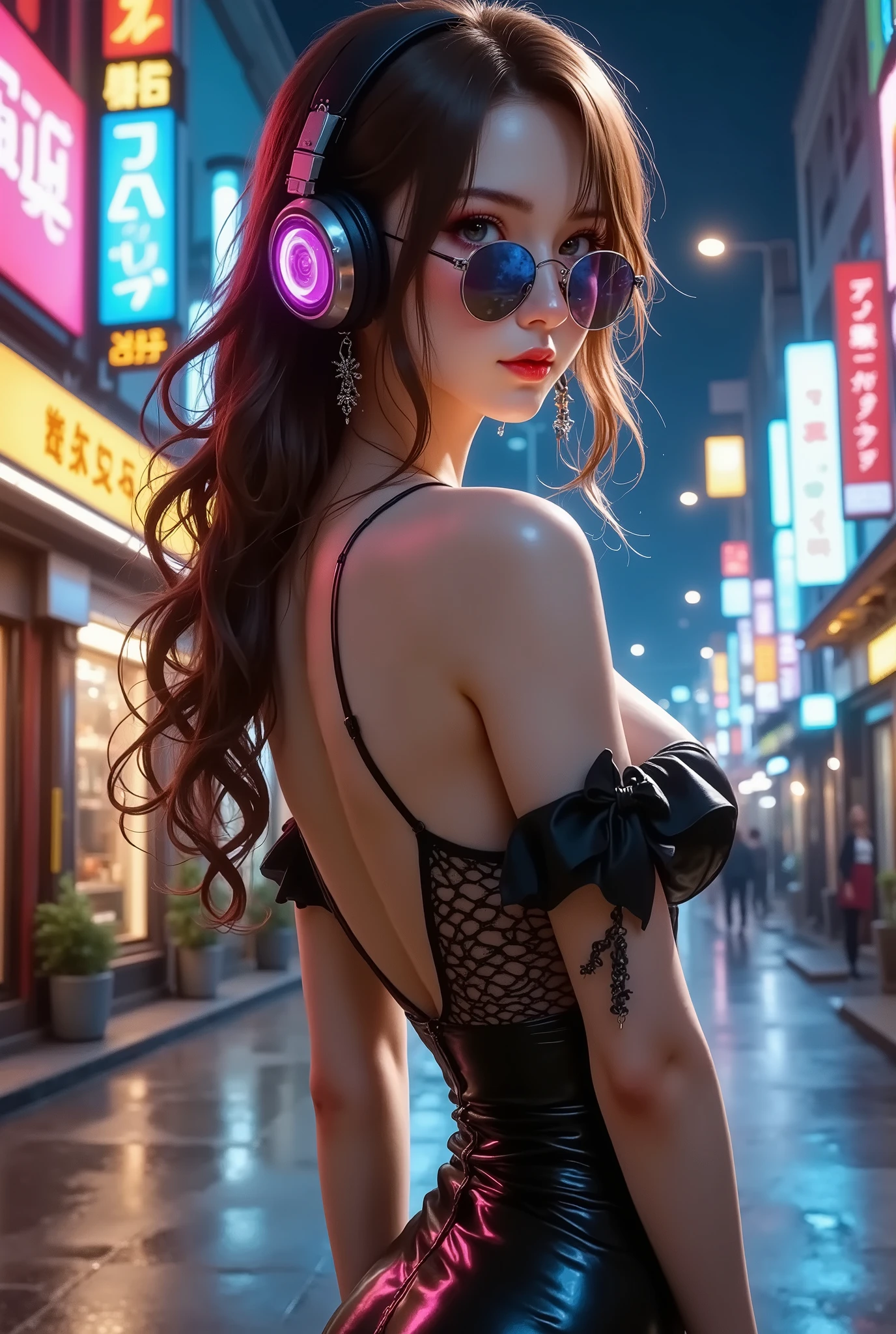 Brown Hair .  beautiful woman wearing curly hair and sunglasses wearing large headphones, Cat-Eared Girl,  wearing large headphones - earpiece or surround、  Backless Dress, (natural breasts:1.2), (Uplifted and well-defined bust:1.2), Room of Darkness 、Neon Cyberpunk at night 、 coordinator Neon Glow,  (side shot, from her side, full body shot:1.7),