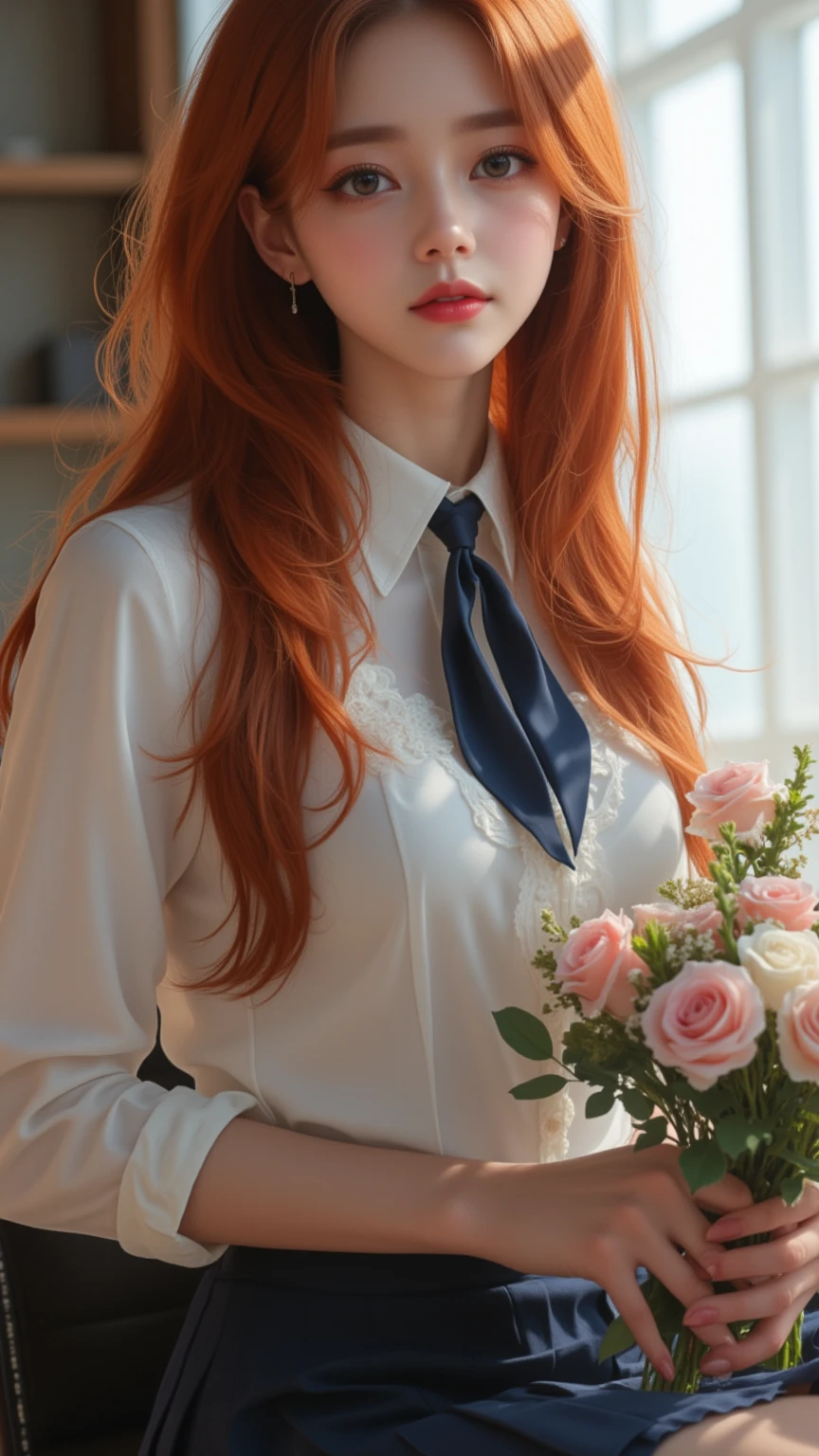 , a young woman with long, vibrant red hair .  It's reminiscent of her wearing a white long-sleeved blouse and dark navy blue pleated skirt.  has a dark navy blue tie loosely knotted around her collar .  She is holding a bouquet of light pink and white roses and other small flowers . The background is indoor , Near a window with natural light passing through . The background is slightly blurry .  The woman's expression is soft and somewhat dull, and her gaze is slightly off the camera . 
