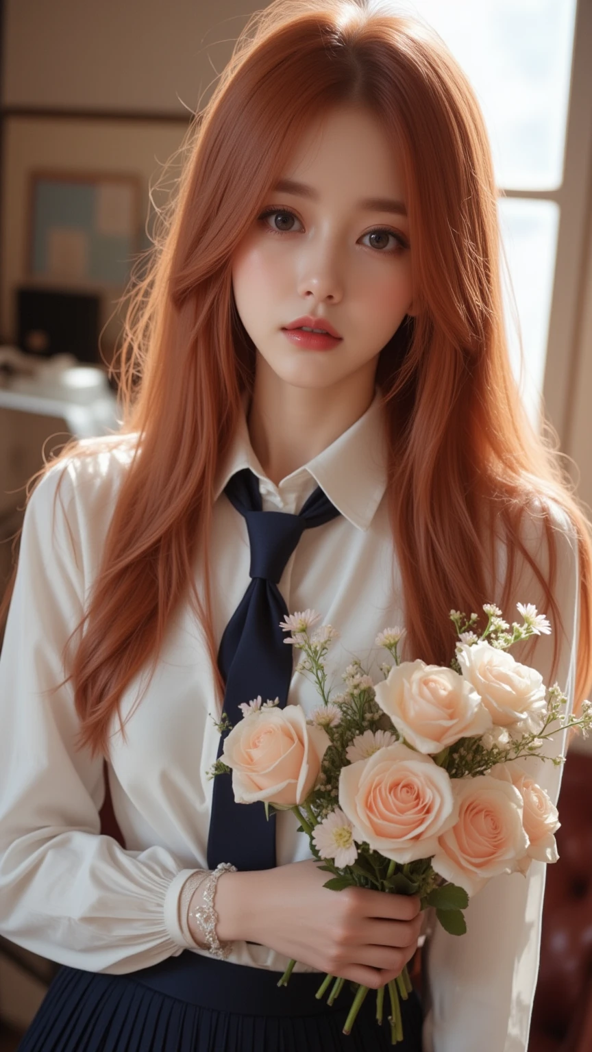 , a young woman with long, vibrant red hair .  It's reminiscent of her wearing a white long-sleeved blouse and dark navy blue pleated skirt.  has a dark navy blue tie loosely knotted around her collar .  She is holding a bouquet of light pink and white roses and other small flowers . The background is indoor , Near a window with natural light passing through . The background is slightly blurry .  The woman's expression is soft and somewhat dull, and her gaze is slightly off the camera . 
