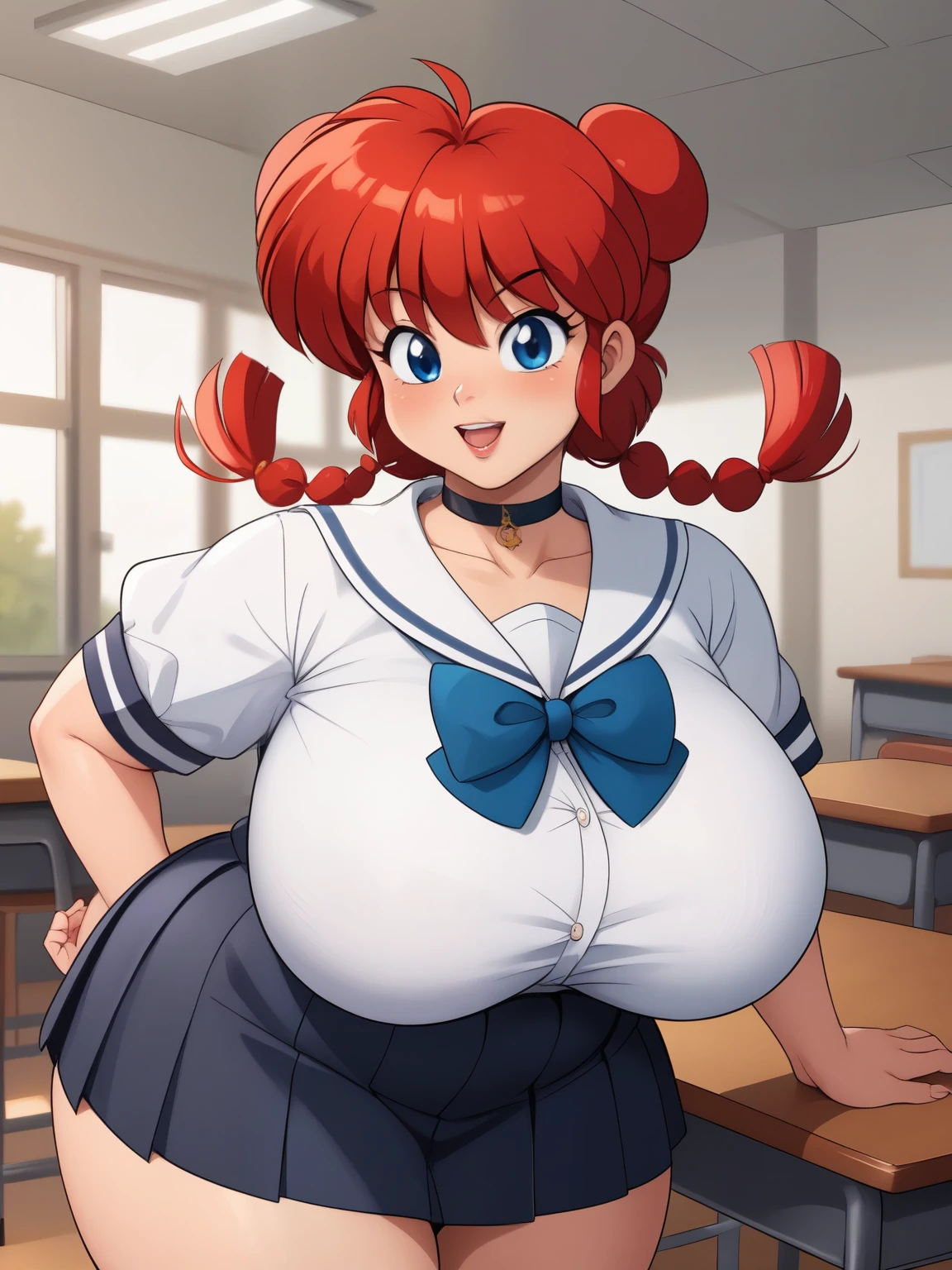 Ranma Saotome. red hair. blue eyes. pigtail. huge saggy breasts. hige hips. bbw. choker. school uniform. school class. desk. skirt.
