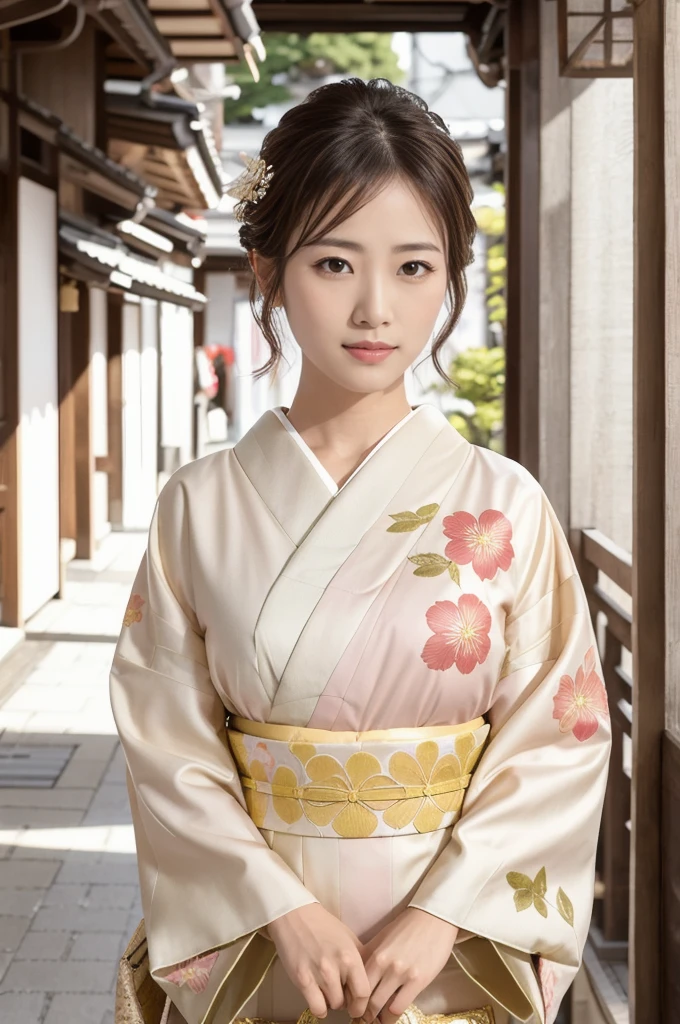 A beautiful Japanese girl wearing a pink floral  kimono. Her hair is elegantly tied up with floral ornaments, and her bangs are down. She stands in a narrow alley in Kyoto during daytime, surrounded by a festive New Year atmosphere. The  kimono features intricate floral patterns, and she has delicate features with brown eyes and brown hair. Her expression is serene and graceful.

one girl, (beautiful girl, delicate girl:1.3), (elegant appearance:1.3), break, (spring clothes:1.3), break, very fine eyes, (symmetrical eyes:1.3), break, perfectly shaped and anthropomorphically correct fingers, break, small breasts, brown eyes, (((shortcut))), straight bangs, brown hair, break, (eye and face details:1.0), break, (masterpiece, highest quality, super detailed), detailed face, 8k,  kimono, intricate patterns, floral design. 