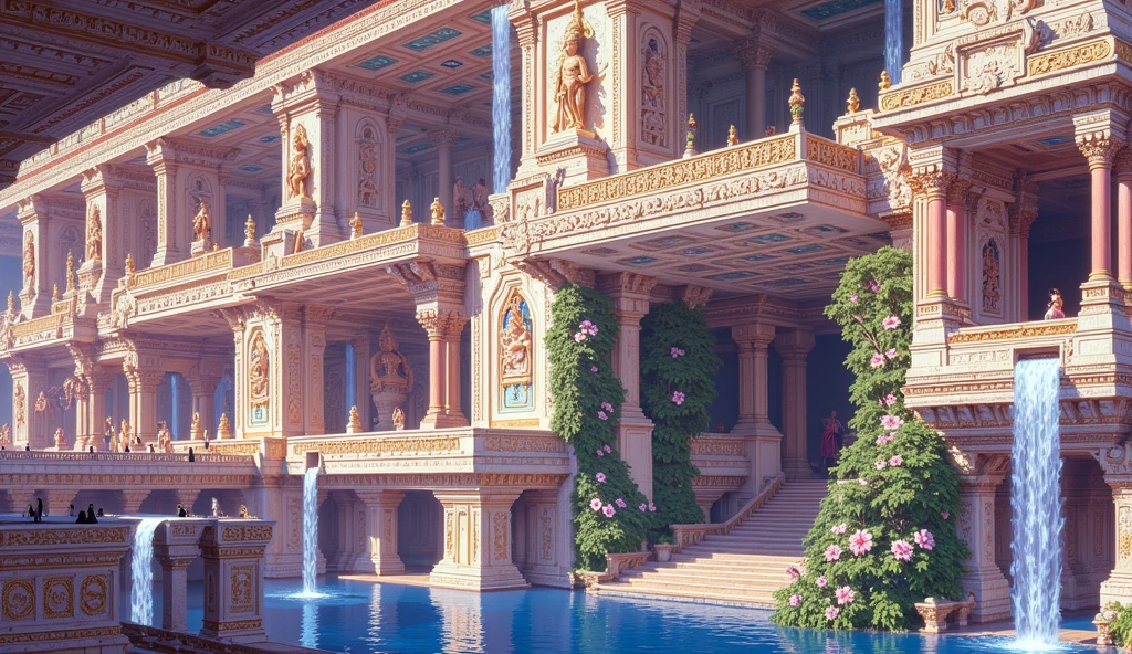 Create an image A grand, hyper-realistic painting capturing a majestic hall within an ancient Indian palace. The hall features seven attic pools on top of each, each one connected by cascading waterfalls that flow elegantly from stone-carved spouts high above. Stone platforms and finely carved attic balconies blend seamlessly with the colorful gopuram and intricate Dravidian temple architecture. The ceiling is adorned with ornate carvings, depicting celestial figures and patterns, while massive, intricately detailed pillars showcase traditional South Indian designs, rising gracefully to support the roof. Towering statues of deities and mythical beings, sculpted with precision and reverence, line the hall, lending an aura of timeless grandeur. Lush vines with vibrant flowers wrap around the stonework, introducing elements of natural beauty into the scene. Soft rays of sunlight filter in from above, illuminating the pools and casting intricate shadows that accentuate the hall's detailed craftsmanship. The atmosphere combines a serene tranquility with opulent splendor, as vivid textures and colors reflect the rich legacy and splendor of ancient south India. Capture the scene with high contrast, vivid hues, and a warm, ethereal glow