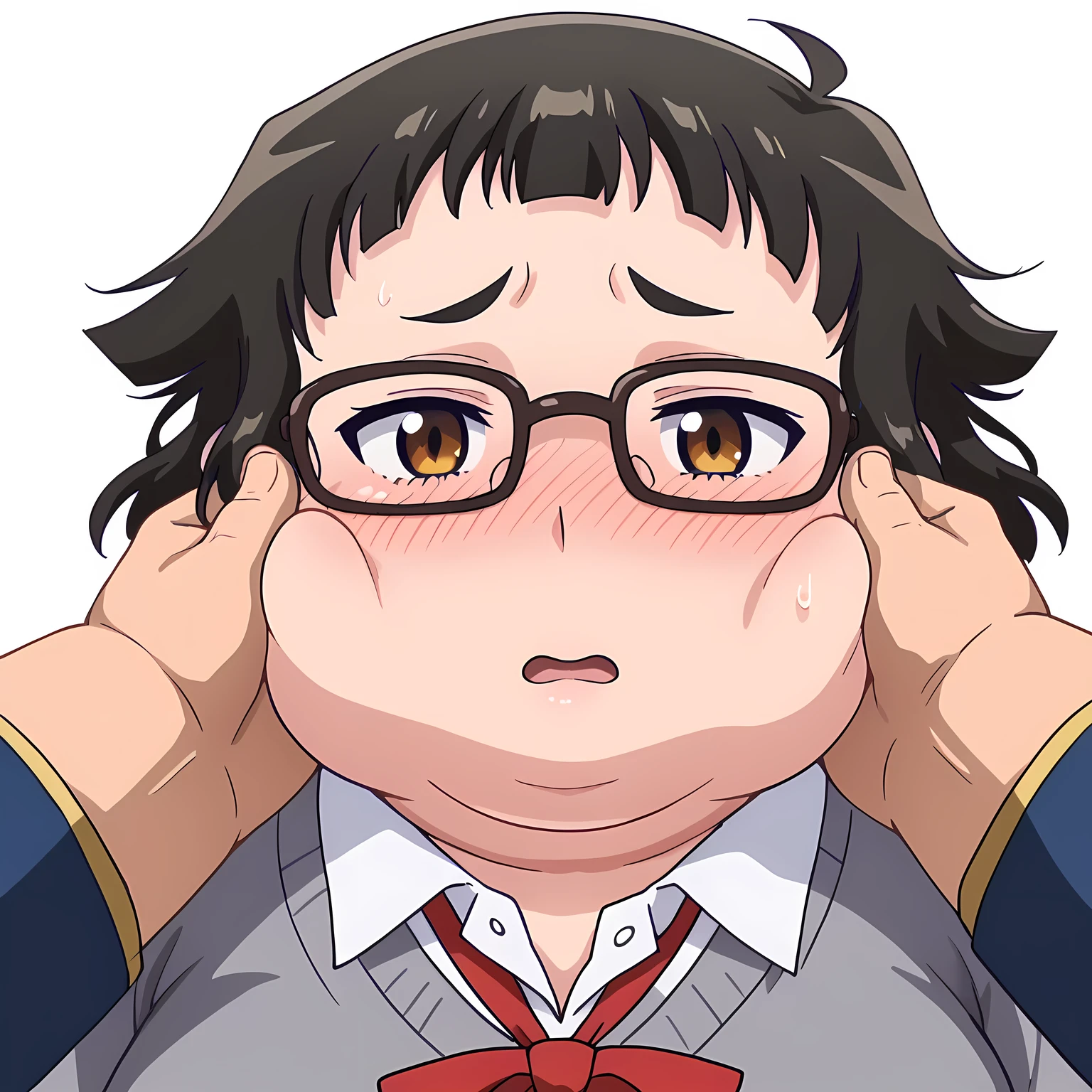 score_9, score_8_up, score_7_up, best quality, masterpiece, anime screencap, anime coloring, 1girl, solo, looking at viewer, upper body, (simple background, solid white background:1.3), otako, short hair, glasses, school uniform, sweater, closed mouth swollen face, fat, chubby, obese, open mouth, out of breath, absurdres, highres icon, rating:General, confused, blush, {flustered}, nervous sweating, portrait, pov hands, hand on another's cheek, averting eyes, [looking away], straight-on, from above,  upper body, masterpiece, best quality, ultra-detailed, high resolution, 8K, 