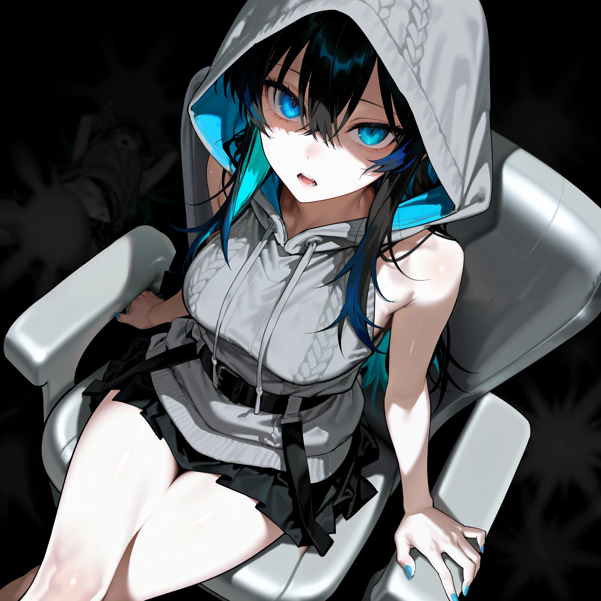 Ultra detailed, 8Khighres, Ultra detailed illustration, Sharp shadows, Top quality, Upper arms, Shiny skin, Navel, From above, Looking up, Sitting on a chair with legs crossed, Fair skin, Blue nails, Slim body, Single woman, 28 years old, Black hair, Long hair, Blue inner colored hair, Medium size breasts, (Sleeveless knit: 1.6), (Black belted skirt: 1.6), (Grey oversized hoodie: 1.6), (Slender thighs: 1.4), Accentuated thighs, Wide open mouth, Beautiful teeth, (Black, monochrome background: 1.4), Detailed skin, Staring at the viewer, NSFW,