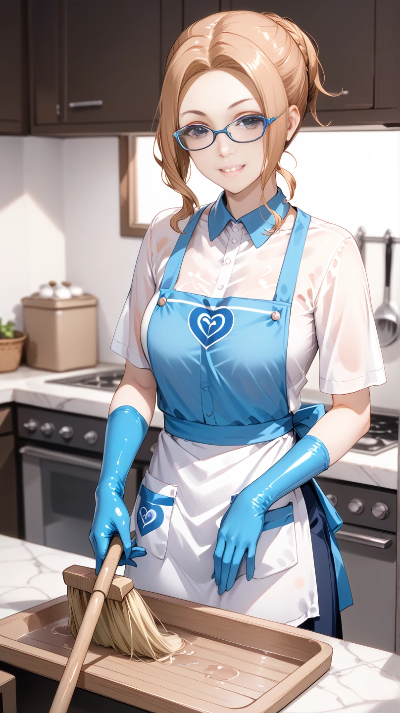  cute face like an idol 、Looks like a young face 、20-year-old woman、 gentle and cute 、優しいsmile、( I'm wearing a see-through cleaning service uniform)、((whole body像))、 clevis on a stone、 in the kitchen、Rubber Gloves、 movie lighting、 natural light、whole body、 RAW photo、Genuine、Artistic、(High Artistic Quality)、  High Quality Indistinguishable from Real Life 、 realism、 real stick、 high res、masterpiece, smile, There's a fat old man behind , mop, Wearing a mask,  apron,  medium bust ,  Aerial View,  long hair, Beautiful Bang , (Glasses)