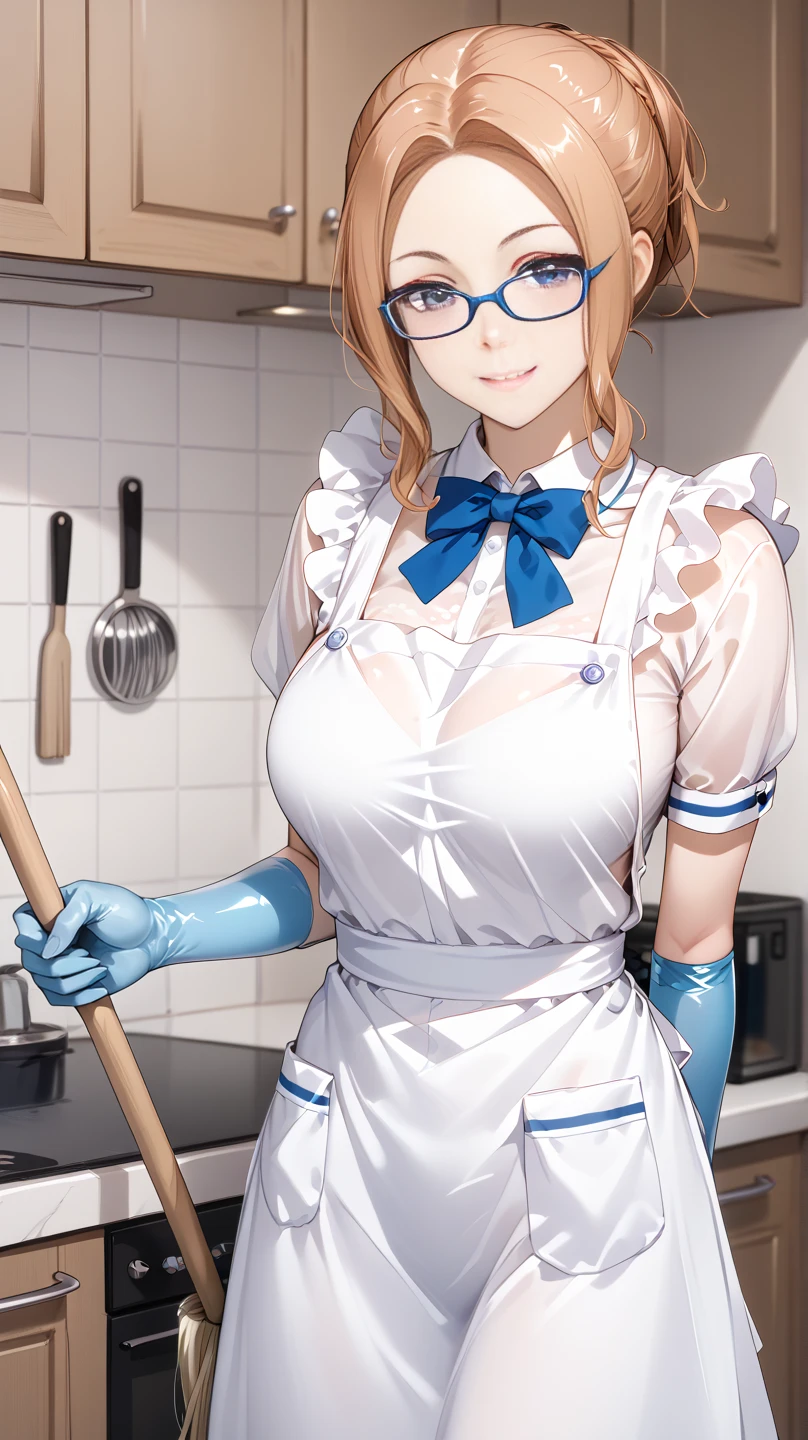  cute face like an idol 、Looks like a young face 、20-year-old woman、 gentle and cute 、優しいsmile、( I'm wearing a see-through cleaning service uniform)、((whole body像))、 clevis on a stone、 in the kitchen、Rubber Gloves、 movie lighting、 natural light、whole body、 RAW photo、Genuine、Artistic、(High Artistic Quality)、  High Quality Indistinguishable from Real Life 、 realism、 real stick、 high res、masterpiece, smile, There's a fat old man behind , mop, Wearing a mask,  apron,  medium bust ,  Aerial View,  long hair, Beautiful Bang , (Glasses)