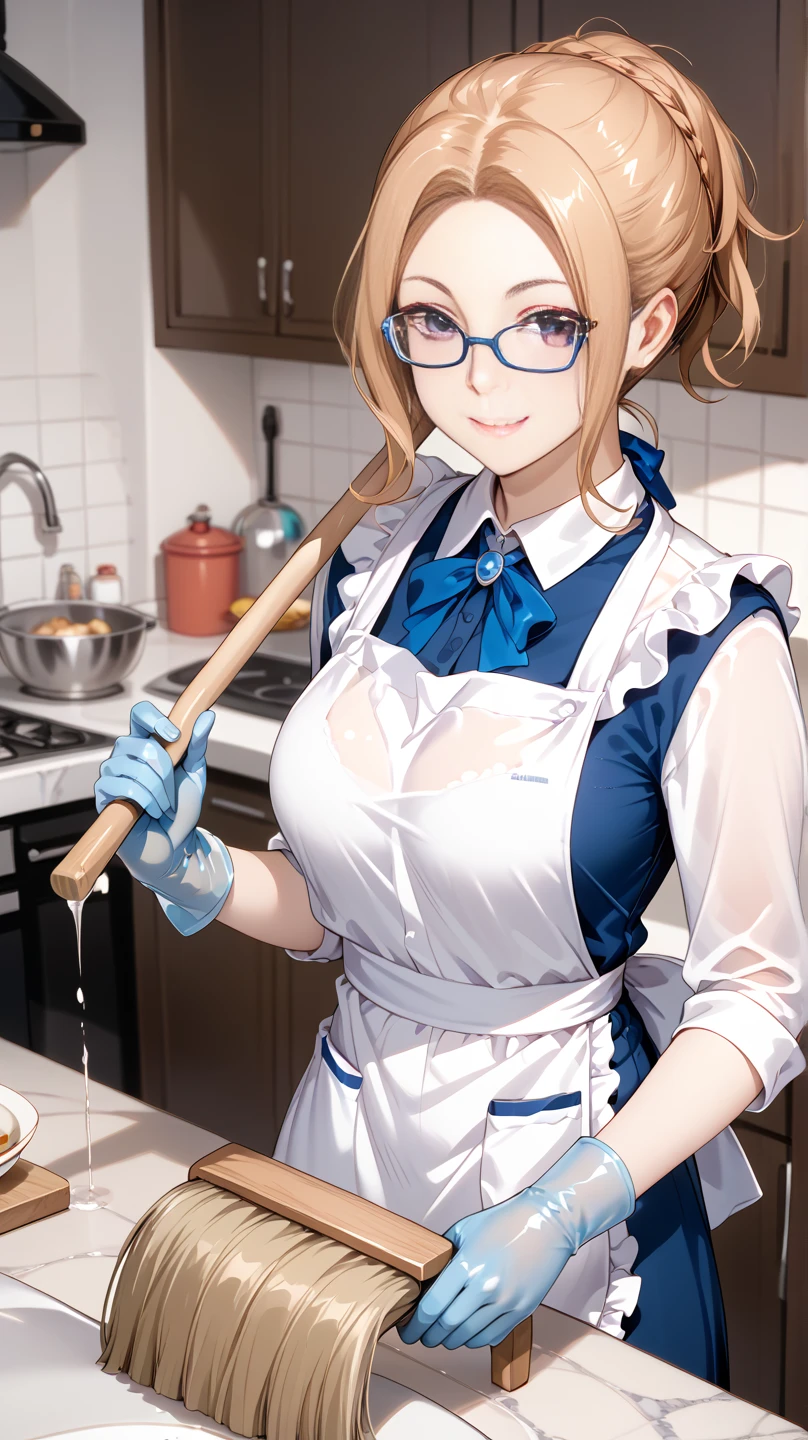  cute face like an idol 、Looks like a young face 、20-year-old woman、 gentle and cute 、優しいsmile、( I'm wearing a see-through cleaning service uniform)、((whole body像))、 clevis on a stone、 in the kitchen、Rubber Gloves、 movie lighting、 natural light、whole body、 RAW photo、Genuine、Artistic、(High Artistic Quality)、  High Quality Indistinguishable from Real Life 、 realism、 real stick、 high res、masterpiece, smile, There's a fat old man behind , mop, Wearing a mask,  apron,  medium bust ,  Aerial View,  long hair, Beautiful Bang , (Glasses)