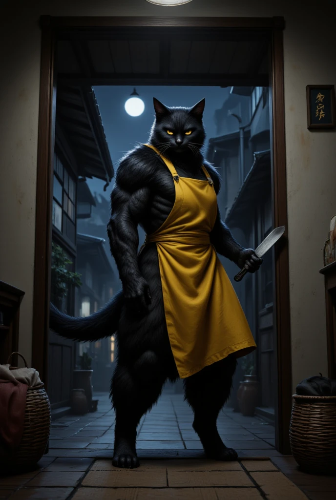  A black cat with narrow eyes holding a frying pan and knife in his hands ,  Standing menacingly in a hallway with a view of the kitchen in the back ,  2本足で歩く人間の背丈と同じくらいbody格の良いスコティッシュフォールドのブラックキャット ((Cait Sith)) body, ( top quality ,4K,8k, high res,masterpiece:1.2), Ultra Details,( realistic,photo realistic,photo- realistic:1.37),  detail eyes , detailed nose ,extremely detailed face, has long eyelashes,, Residential Street , dusk lighting ,Braided basket ,Yellow apron,Sulky,dramatic, like a movie , dark, dark, mysterious in another dimension,Traditional Japanese-style Western-style architecture ,atmosphere,captivating