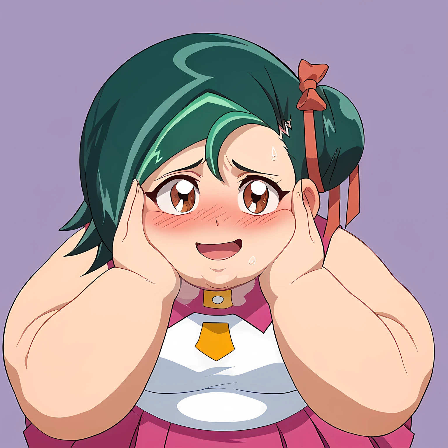 TM, 1girl, solo, green hair, short hair, single hair bun, hair ribbon, brown eyes, school uniform, pink short skirt, black socks, loafers, full body, standing, looking at viewer, smile, simple background, purple background, blank background, victory hand, swollen face, fat, chubby, obese, open mouth, out of breath, absurdres, highres icon, rating:General, confused, blush, {flustered}, nervous sweating, portrait, pov hands, hand on another's cheek, averting eyes, [looking away], straight-on, from above,  upper body, masterpiece, best quality, ultra-detailed, high resolution, 8K, 