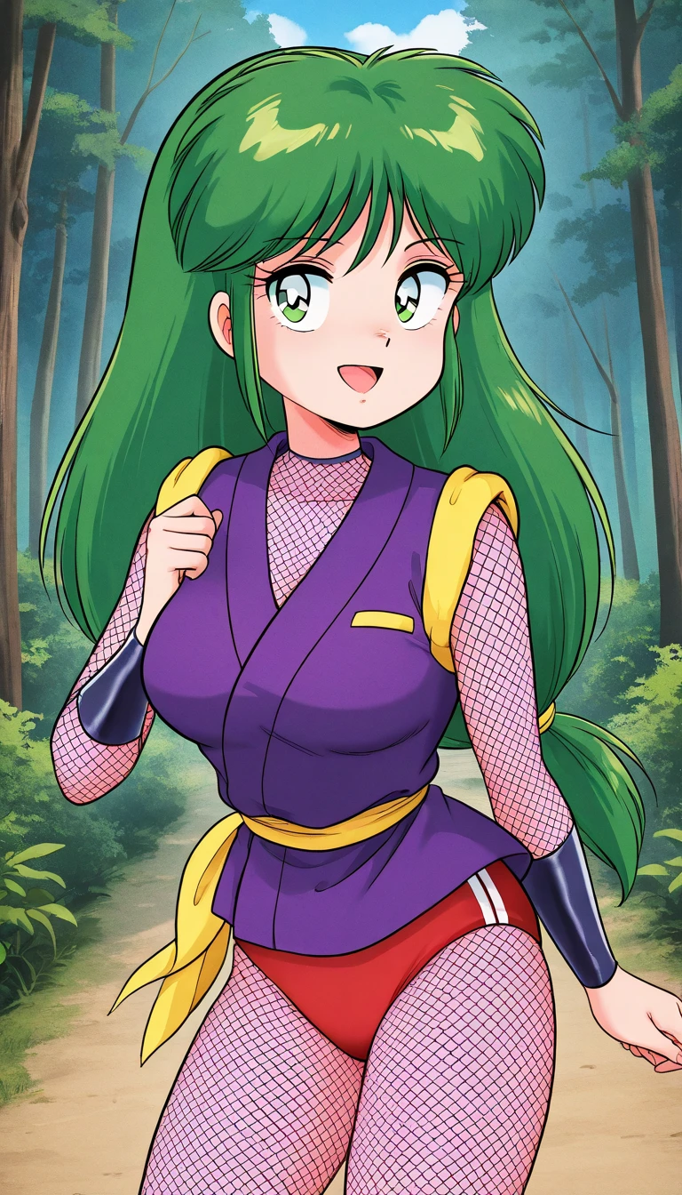 yae-bonbon, fishnets, purple short kimono, ninja, Japanese clothes, fishnet bodysuit, tabi, black panties, nsfw, yellow_green hair, long hair, green eyes, fishnets, ninja, open mouth, huge_breasts, smile, low-tied long hair, fishnet bodysuit, looking at viewer, japanese clothes, outdoors, medium breasts, very long hair, sky, 1990s \(style\),