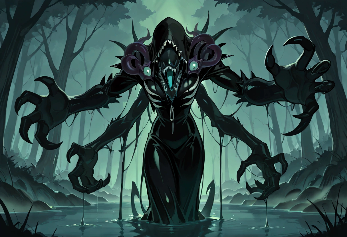 Eldritch nightmare monster with sharp teeth and long creepy limbs shrouded in fog attacking brains in a misty swamp