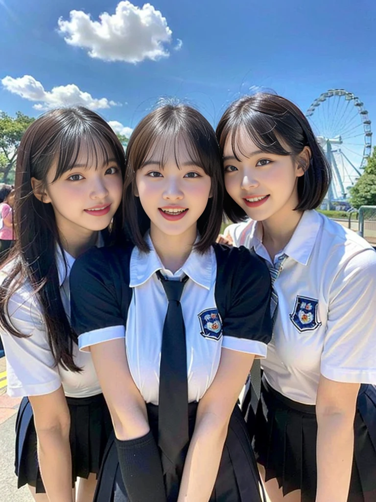 ( super cute Korean schoolgirl getting along well with her 2 beautiful best friends commemorative photo :1.2)( laughing in front of the car :1.2)(Beautiful Sweat:1.1)(16k,  RAW photos ,  top quality , masterpiece: 1.2),( The glossy and beautiful black bob cut is blown by the wind and sways softly:1.1)  super detailed ,  Super Resolution, (Genuine, Genuine photos: 1.37),  portrait,  High Resolution RAW Color Photos,  Pro Pictures,  very detailed, 8k wallpaper,  very detailed CG Unity 8k wallpaper,  very detailed beautiful girls,  very detailed faces, ((whole body)), beautiful woman,  huge breasts,(huge boobs:1.1) ( big boobs in the tub:1.1), Beautiful schoolgirl ( cute school uniform,School-designated summer short-sleeved shirt＆ red tie and shirt uniform ),high school girl,  Korean Girl,(K-POP Female Idols), (Idol-level beauty)(Beautiful high school girl:1.1)(In front of the giant attraction at an amusement park on a sunny day)(()(Date:1.2)( group photo :1.2)