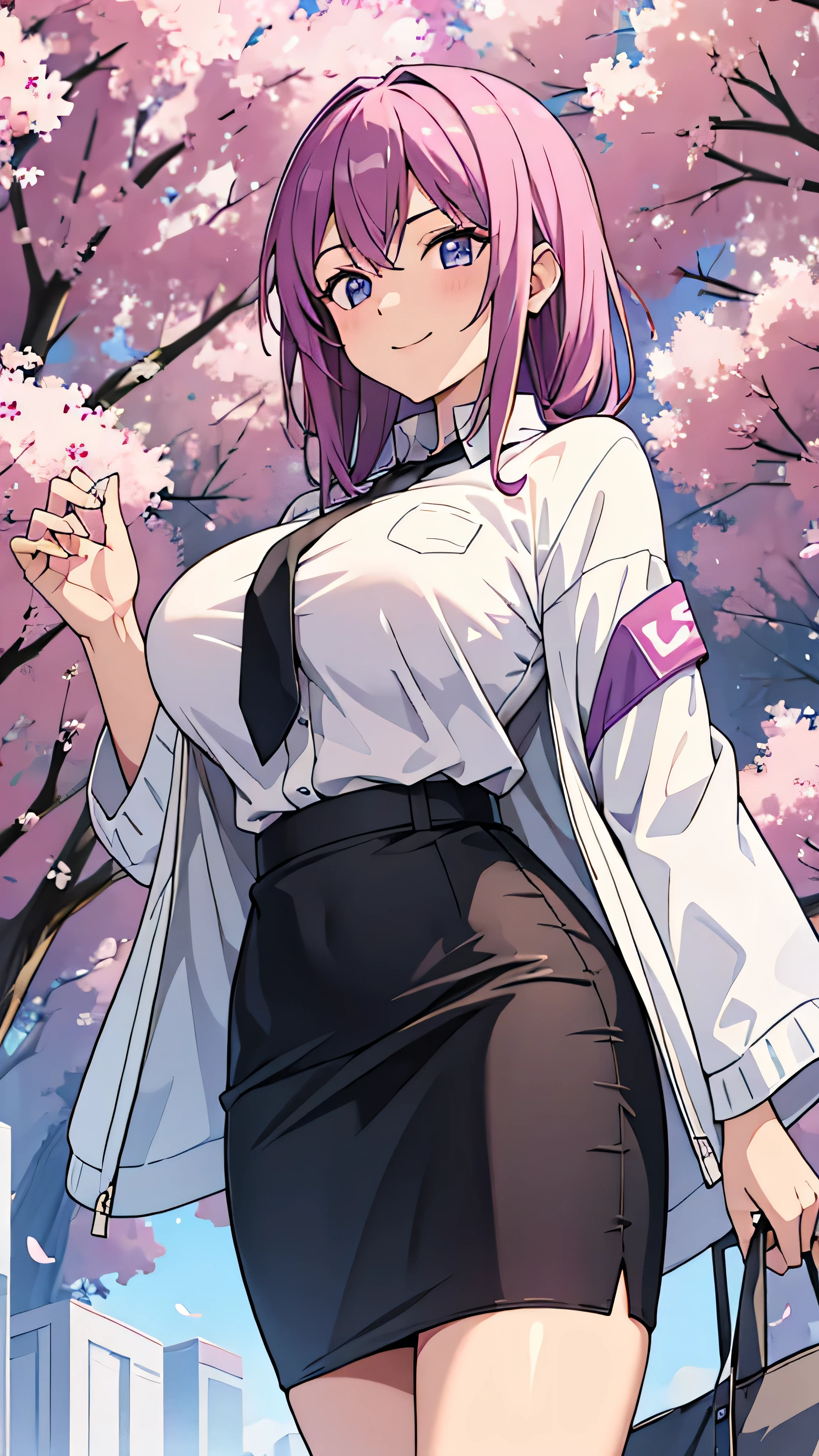  anime style,  top quality ,  high res,  1 girl, Alone, (huge breasts), smile, Saeko,  white jacket,  purple shirt ,   pencil skirt 