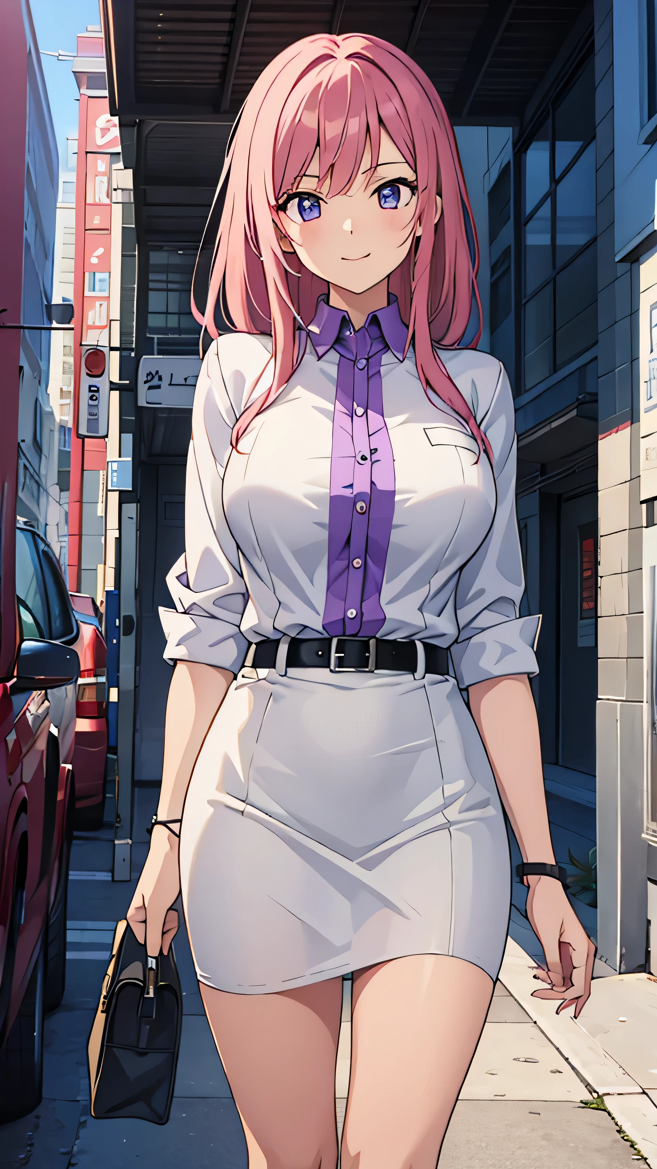  anime style,  top quality ,  high res,  1 girl, Alone, (huge breasts), smile, Saeko,  white jacket,  purple shirt ,   pencil skirt 