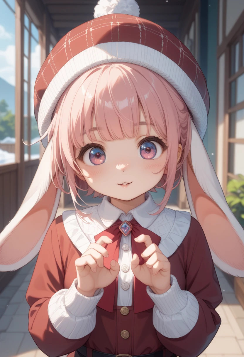 score_9、score_8_ up、score_7_ up、masterpiece、 top quality 、 Surreal fantasy scene 、bright snowy horizon、１ cute girl、 I was furiously surprised 、Bouncy low twin、bangs、 Warm clothes with fur  、Knitted hat、 cute rabbit pose、Tilt your face、  high res、  warm atmosphere  、  soft focus